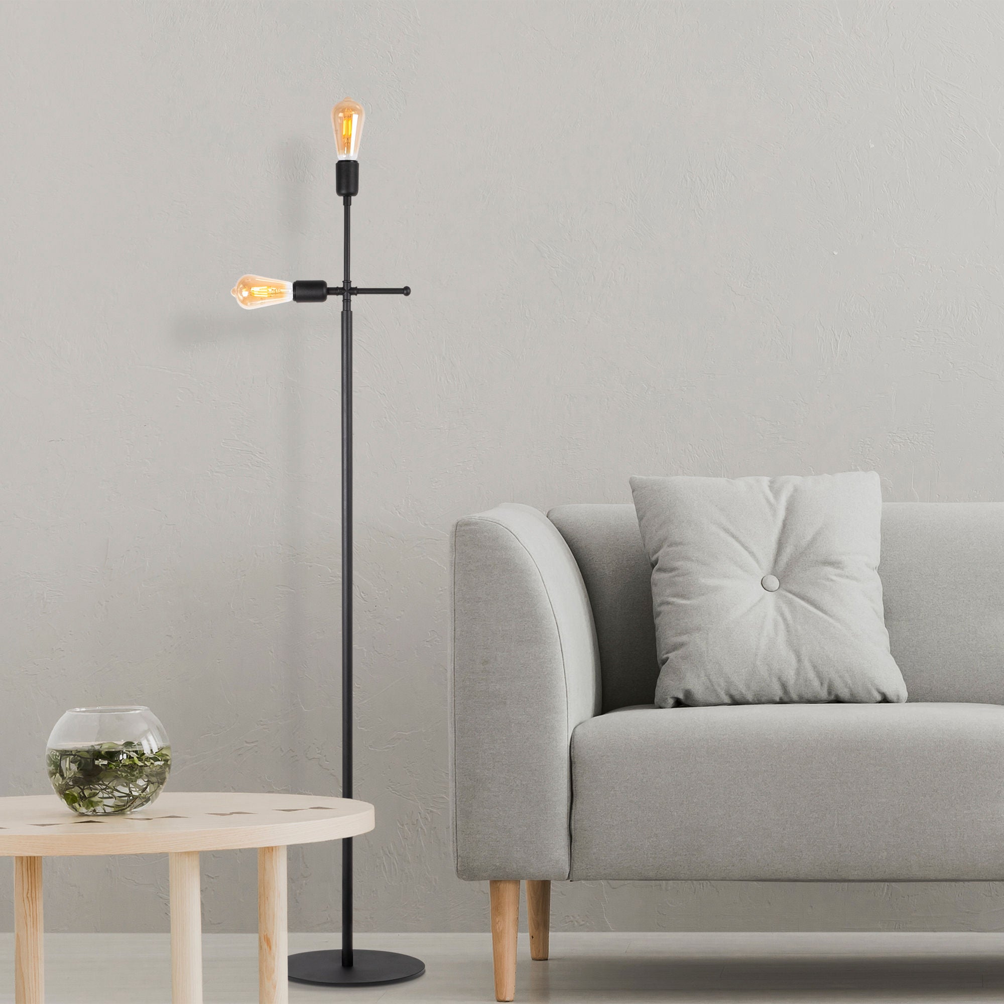 Candeeiro de Pé Industrial Moderna, Corpo em Metal Preto, 30 x 30 x 160 cm | 2 Soquetes E27, 40 W Máx., Cabo de 200 cm | Iluminação Elegante para Casa e Escritório