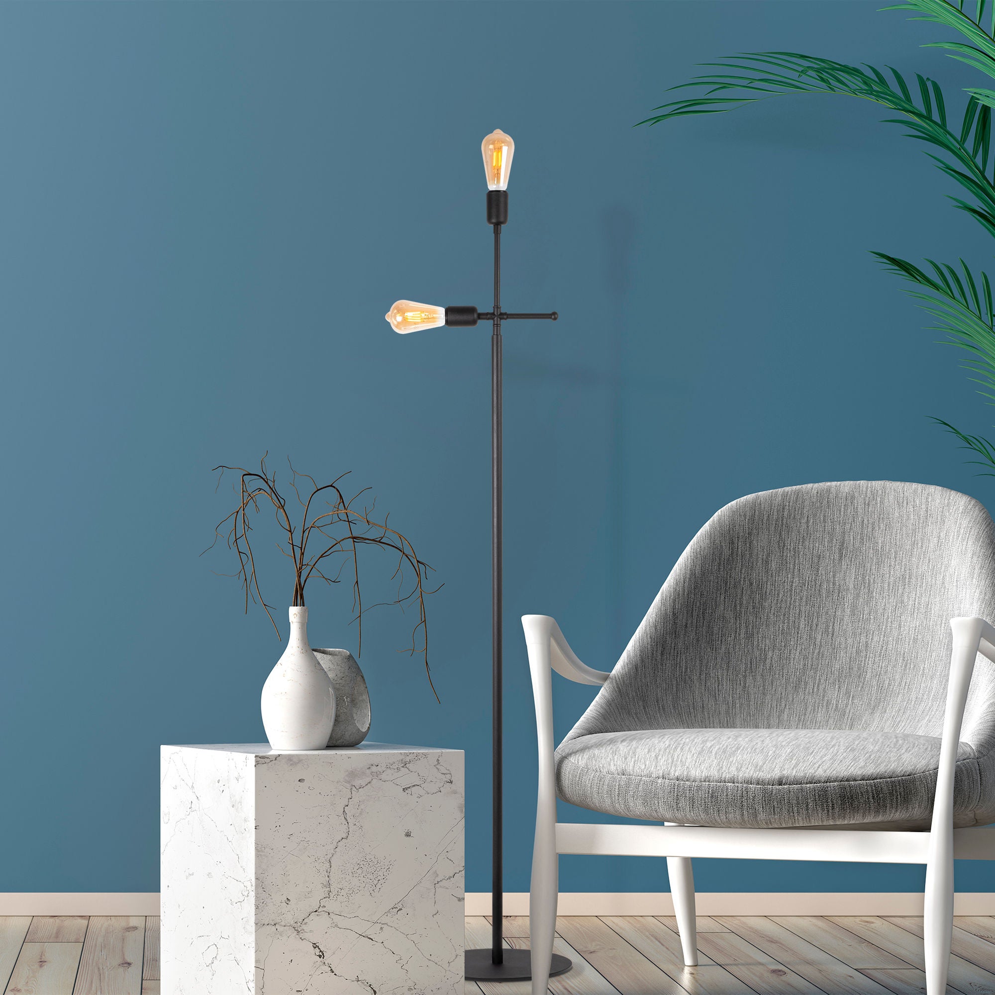 Candeeiro de Pé Industrial Moderna, Corpo em Metal Preto, 30 x 30 x 160 cm | 2 Soquetes E27, 40 W Máx., Cabo de 200 cm | Iluminação Elegante para Casa e Escritório