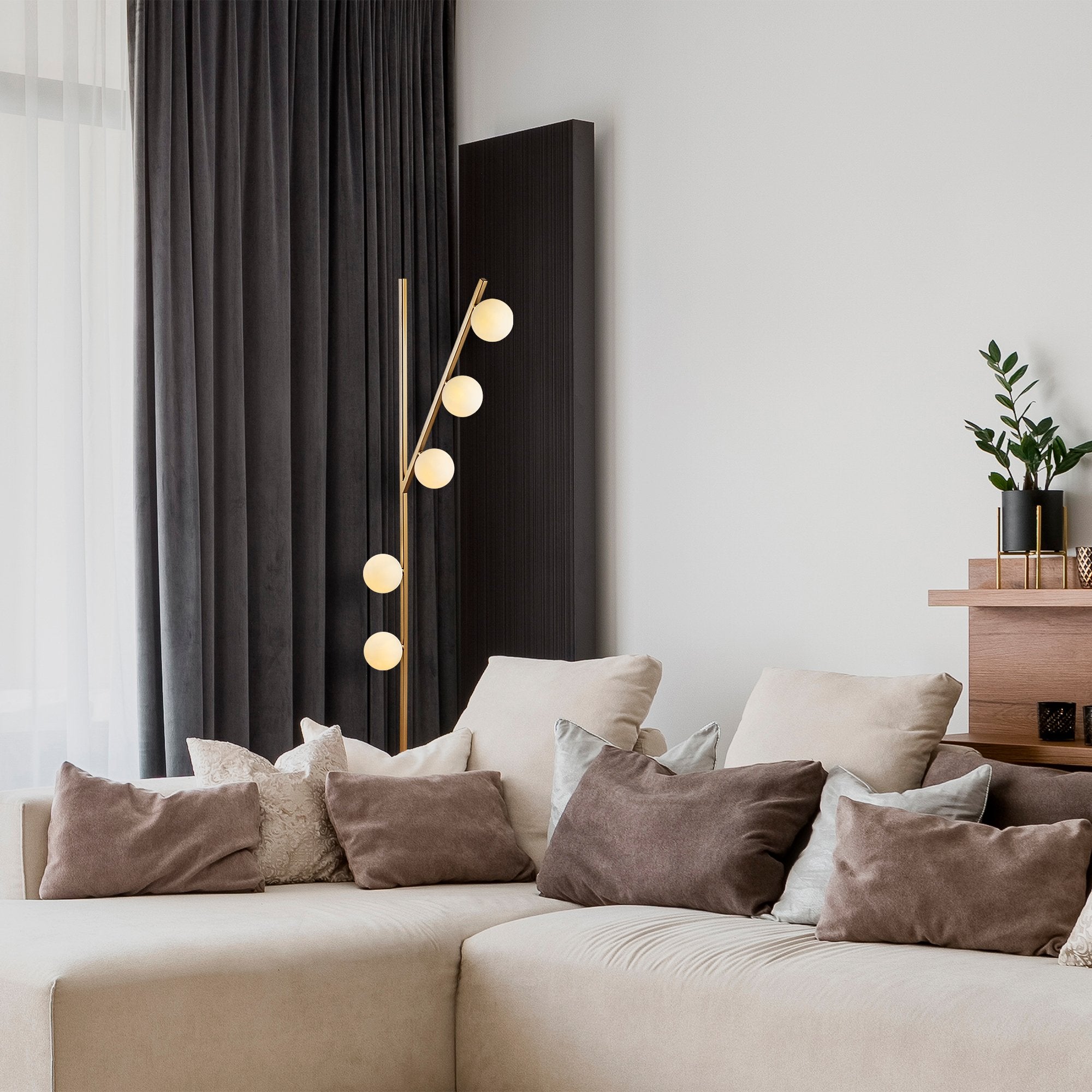 Candeeiro de Pé Elegante Dourada, Corpo de Metal com Tampa de Vidro, 31 x 52 x 167 cm | 5 Soquetes G9, Cabo de 200 cm | Design Escandinavo Moderno para Decoração Glamourosa