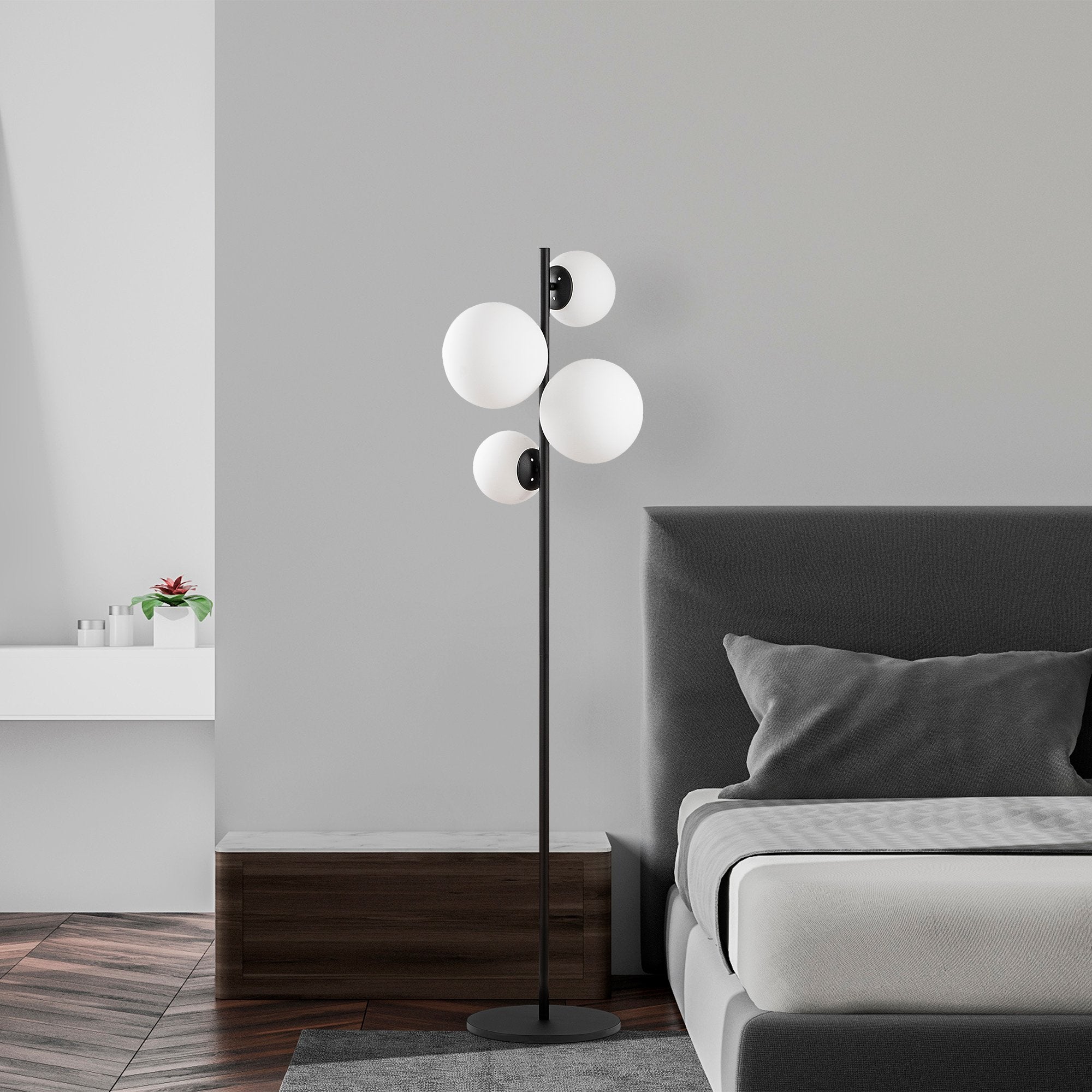 Candeeiro de Pé moderna com corpo de metal e tampas de vidro (2x20 cm, 2x15 cm), 33x33x162 cm | Preto e branco, design industrial/escandinavo, soquete 4xE14