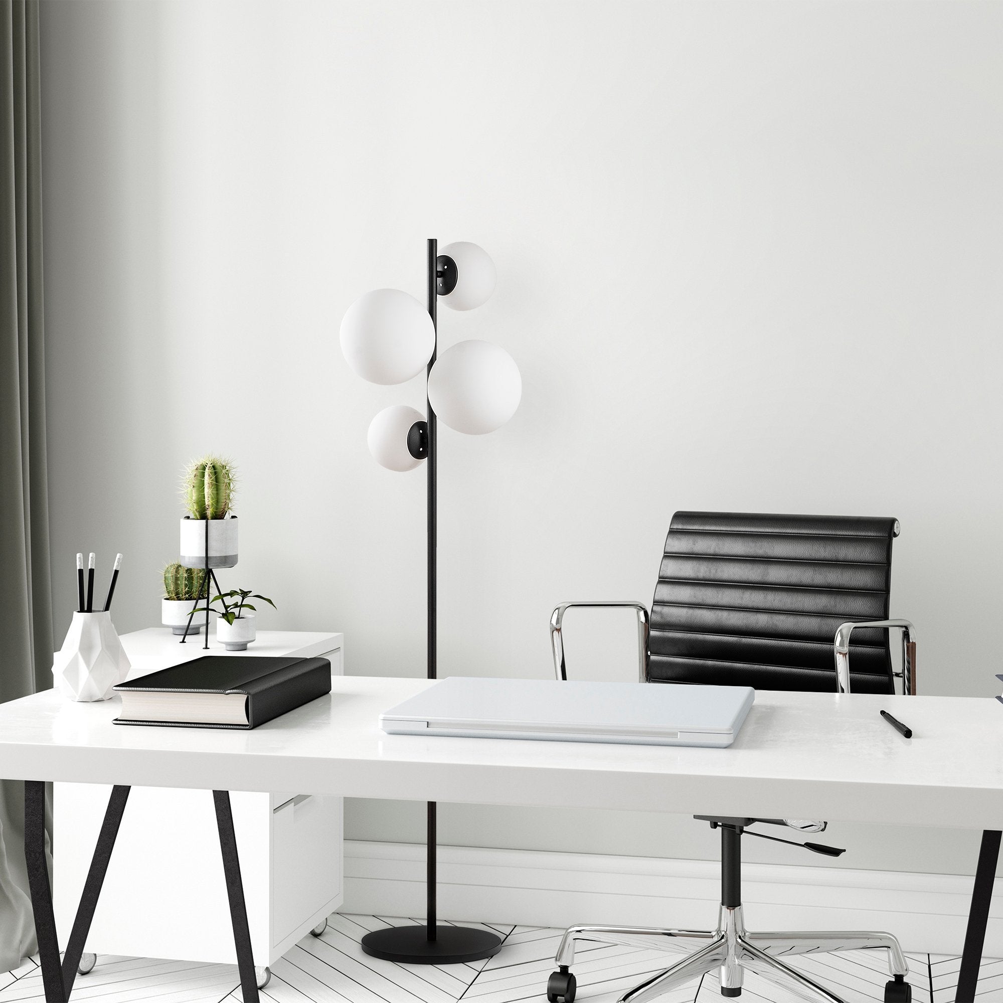 Candeeiro de Pé moderna com corpo de metal e tampas de vidro (2x20 cm, 2x15 cm), 33x33x162 cm | Preto e branco, design industrial/escandinavo, soquete 4xE14