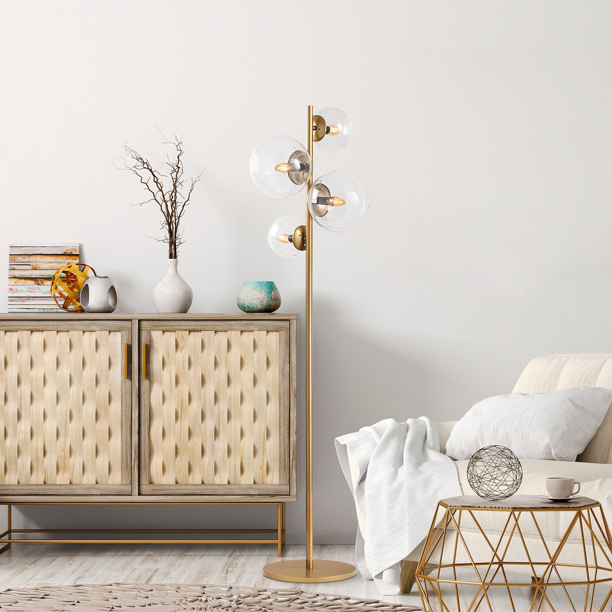 Candeeiro de Pé elegante com corpo de metal e tampas de vidro (2x20 cm, 2x15 cm), 33x33x162 cm, acabamento antigo, design escandinavo moderno, perfeita para decoração de casa