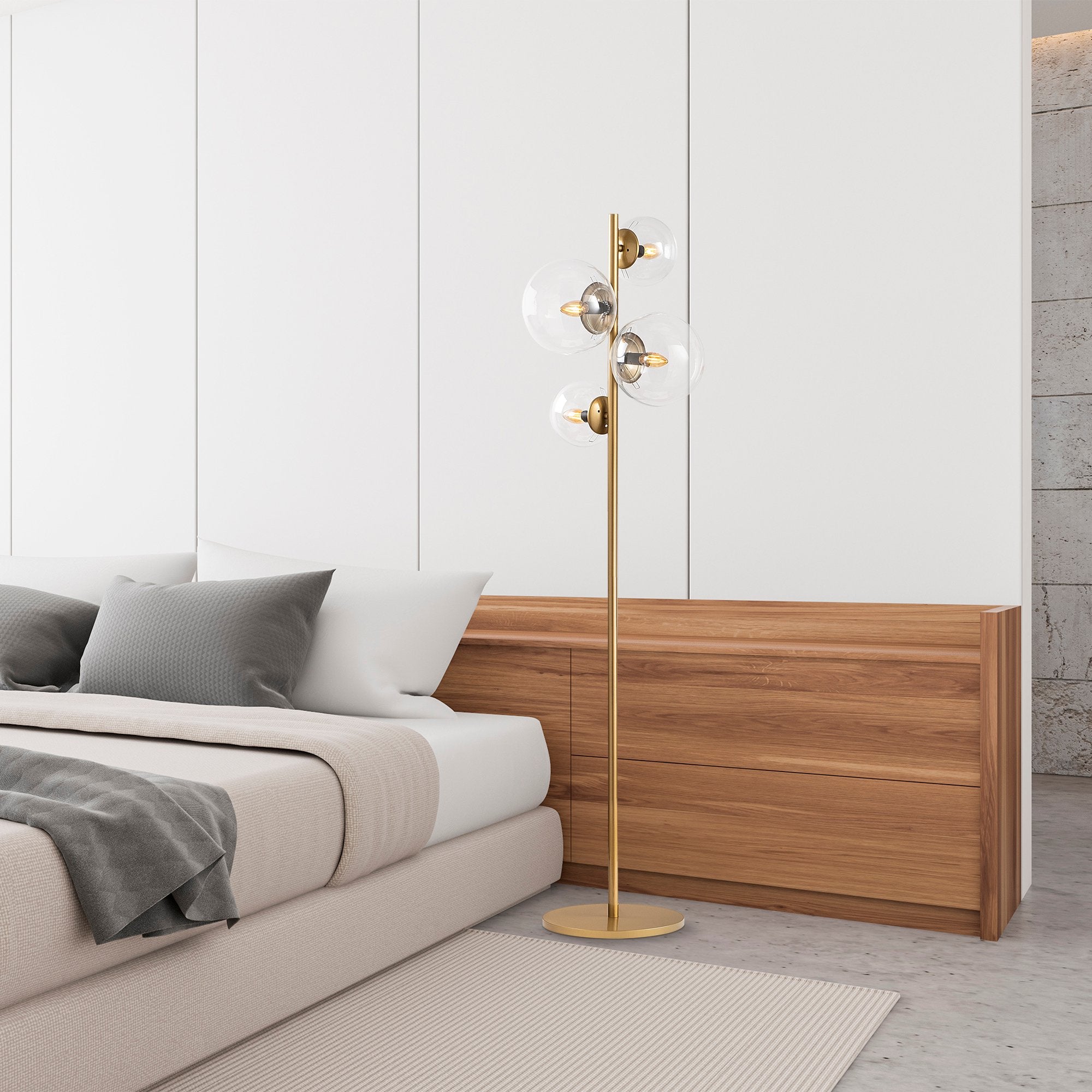 Candeeiro de Pé elegante com corpo de metal e tampas de vidro (2x20 cm, 2x15 cm), 33x33x162 cm, acabamento antigo, design escandinavo moderno, perfeita para decoração de casa