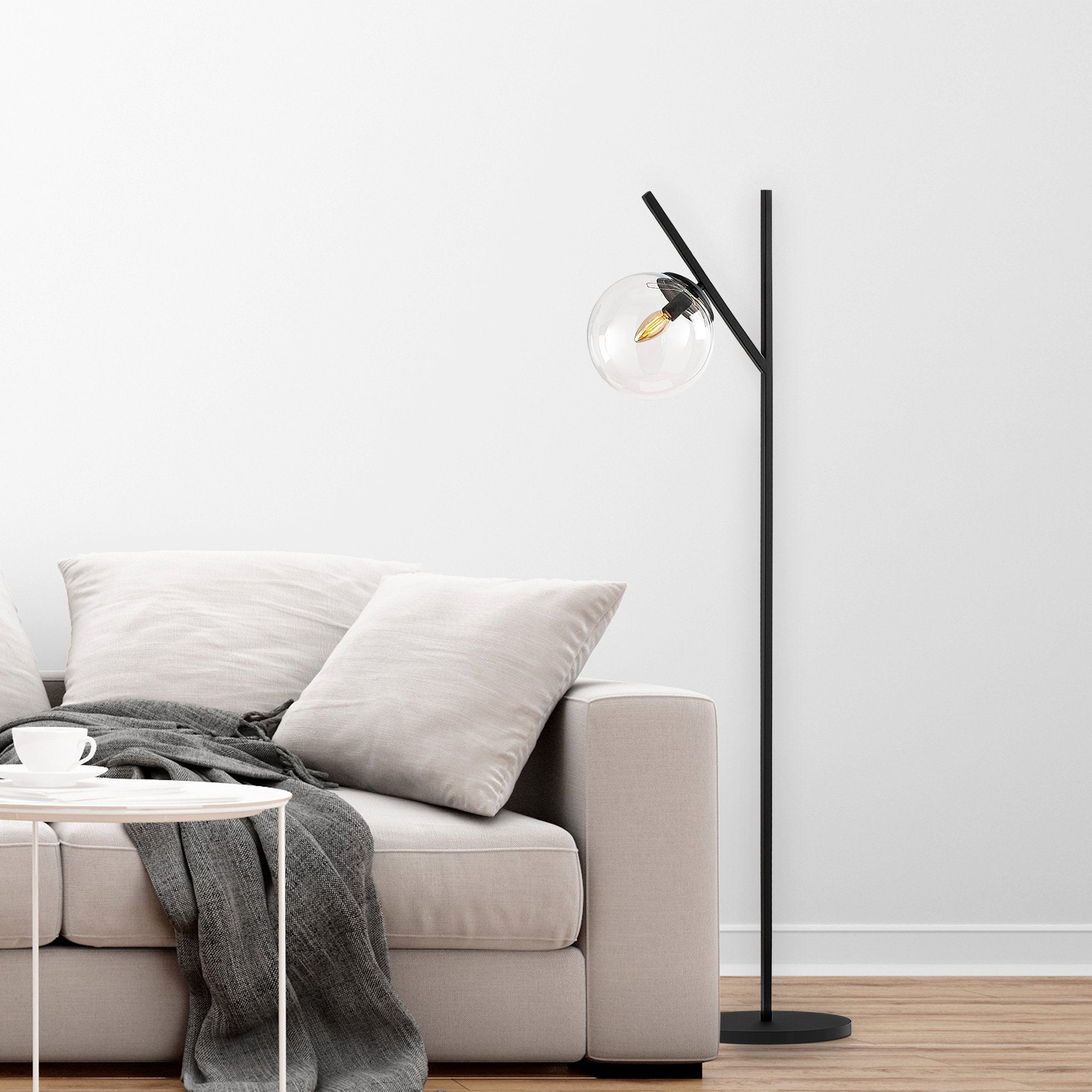 Candeeiro de Pé preta moderna com corpo de metal e tampa de vidro, 31 x 45 x 152 cm | Soquete E14, 40 W máx., cabo de 200 cm | Design industrial e escandinavo elegante