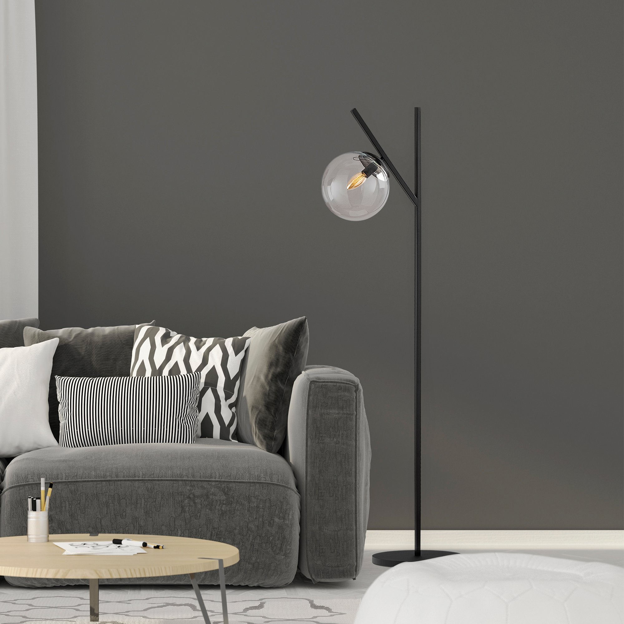 Candeeiro de Pé preta moderna com corpo de metal e tampa de vidro, 31 x 45 x 152 cm | Soquete E14, 40 W máx., cabo de 200 cm | Design industrial e escandinavo elegante