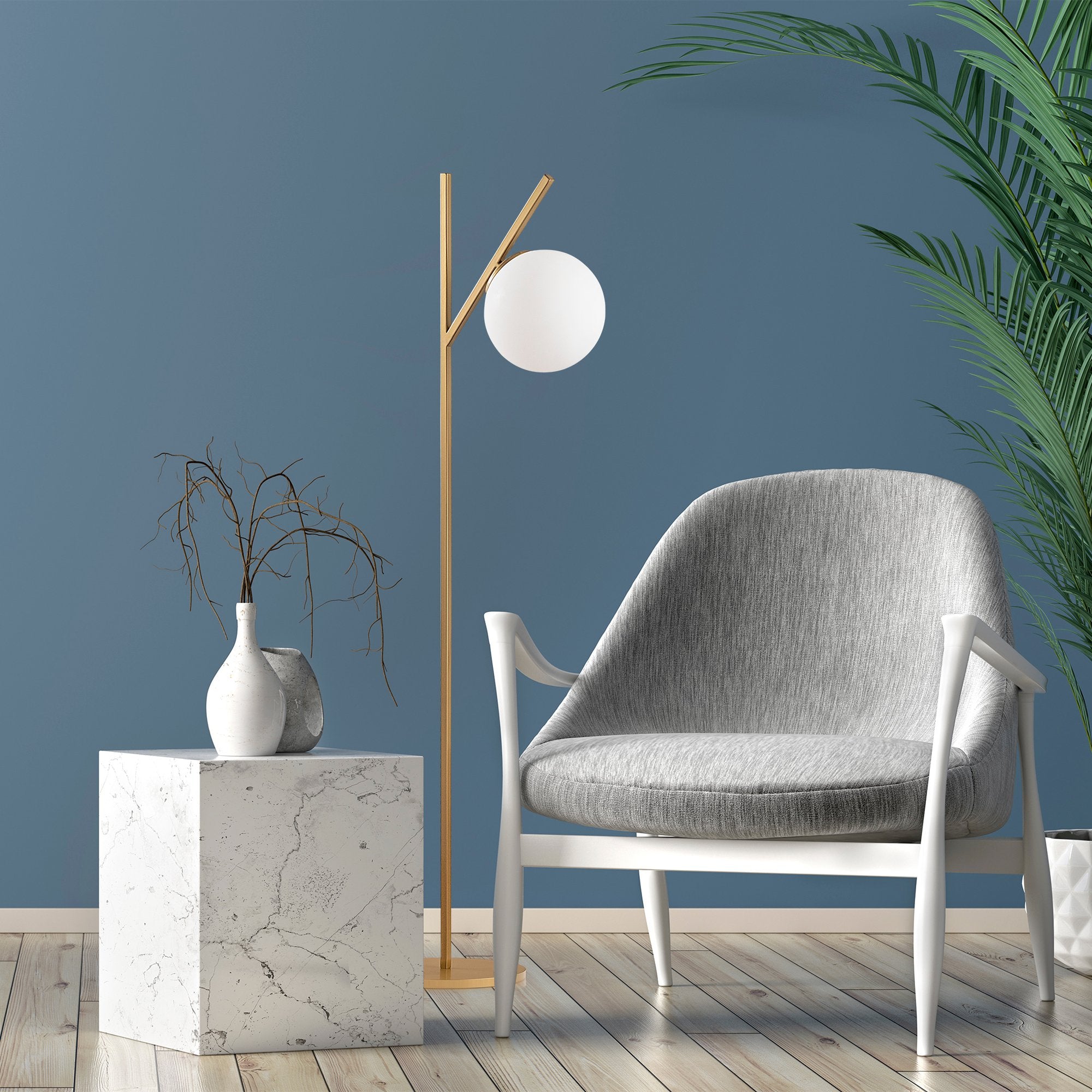 Candeeiro de Pé elegante com corpo de metal e tampa de vidro, acabamento dourado, 31 x 45 x 152 cm | Soquete E14, 40 W máx., cabo de 200 cm | Design escandinavo moderno