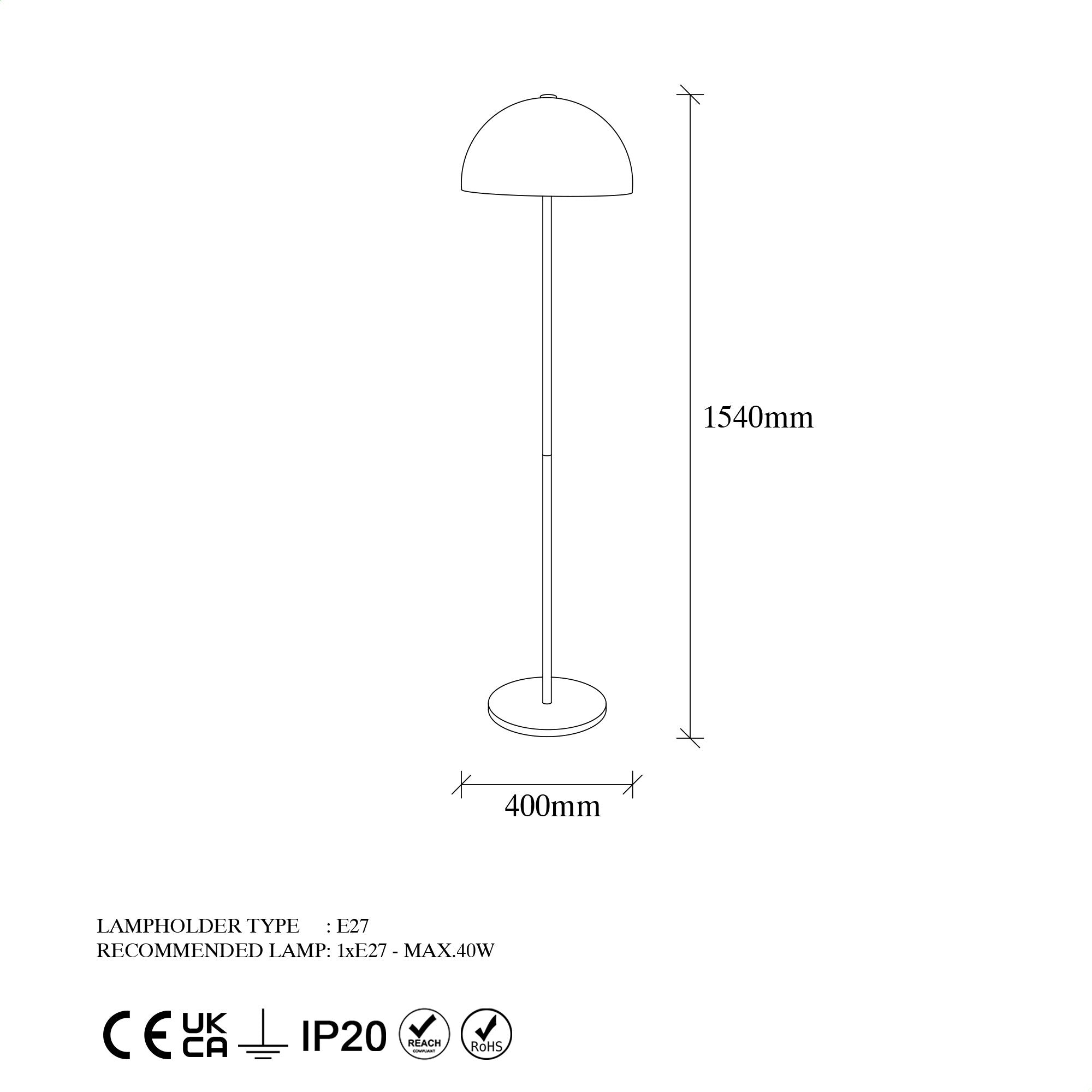 Candeeiro de Pé Moderna com Corpo em Metal, Acabamento Dourado, 40 x 40 x 154 cm | Soquete E27, 40 W máx., Cabo de 200 cm | Iluminação Elegante para Decoração Glamourosa e Escandinava