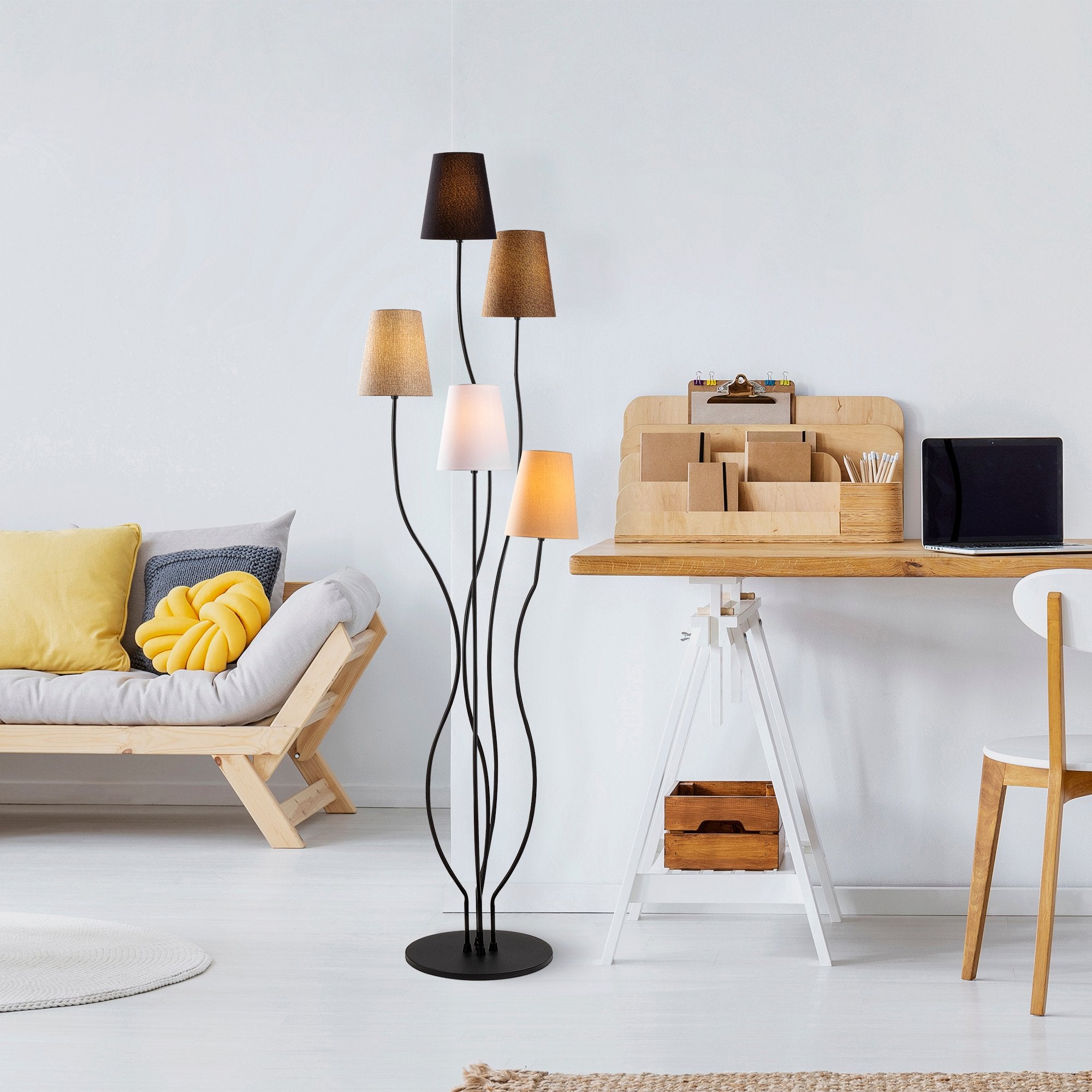 Candeeiro de Pé moderna com corpo de metal e base de tecido, 44 x 44 x 160 cm | 5 soquetes E14, cabo de 200 cm | Iluminação elegante para casa e escritório