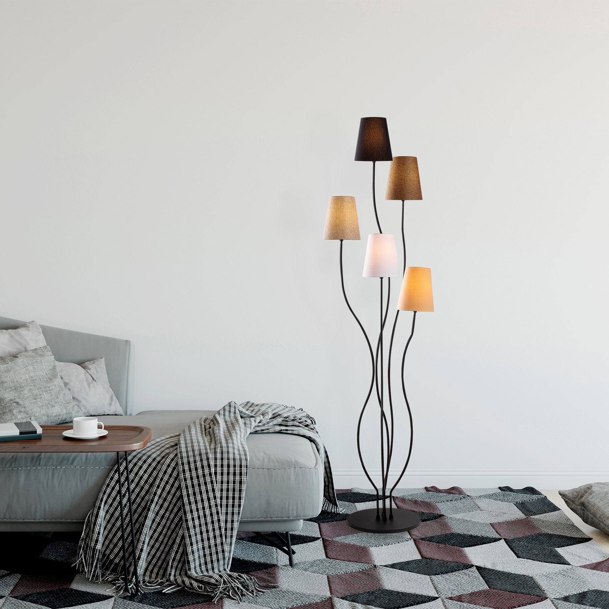 Candeeiro de Pé moderna com corpo de metal e base de tecido, 44 x 44 x 160 cm | 5 soquetes E14, cabo de 200 cm | Iluminação elegante para casa e escritório