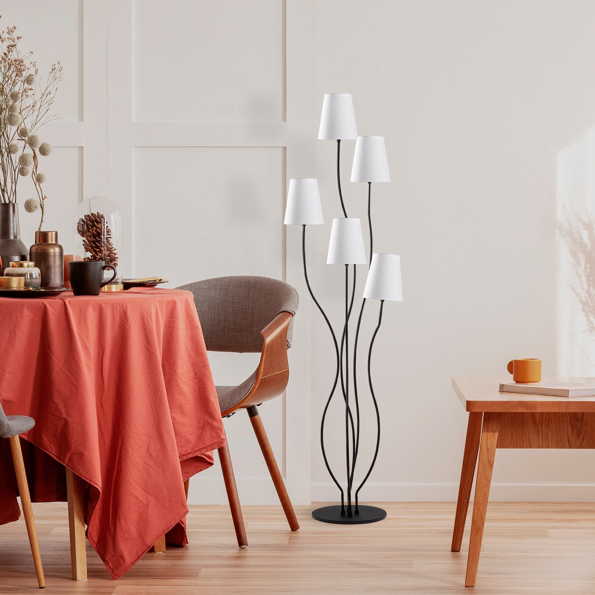 Candeeiro de Pé moderna com corpo de metal, design preto e branco, 44 x 44 x 160 cm | Base de tecido (14 cm de diâmetro, 16 cm de altura) | 5 soquetes E14, cabo de 200 cm, IP20