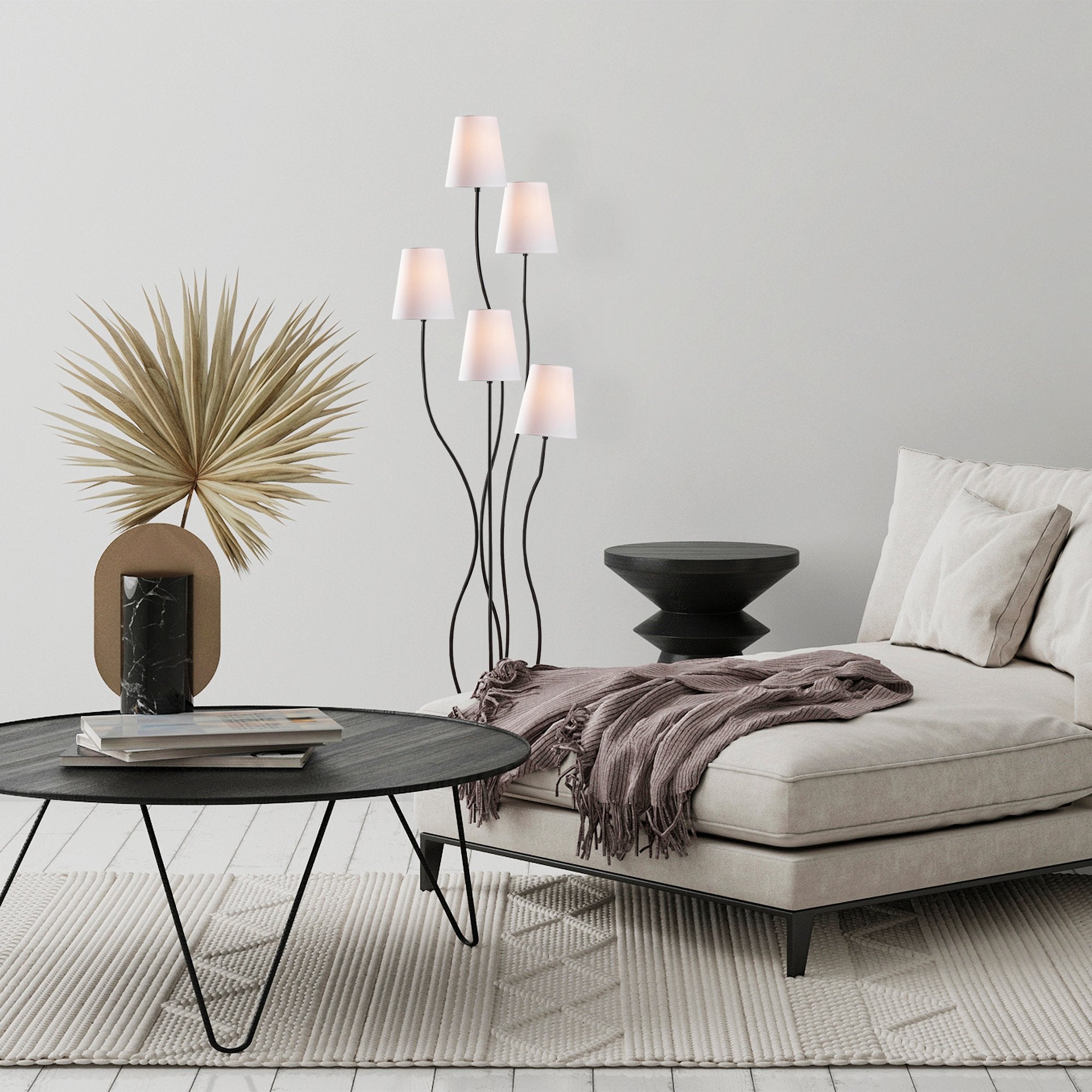 Candeeiro de Pé moderna com corpo de metal, design preto e branco, 44 x 44 x 160 cm | Base de tecido (14 cm de diâmetro, 16 cm de altura) | 5 soquetes E14, cabo de 200 cm, IP20