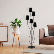 Candeeiro de Pé industrial moderna, corpo de metal preto, 44 x 44 x 160 cm | Base de tecido (14 cm de diâmetro, 16 cm de altura) | 5 soquetes E14, cabo de 200 cm, elegante e funcional