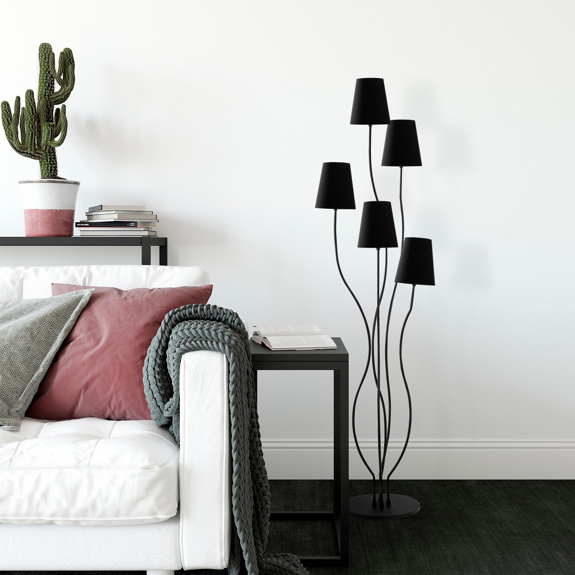 Candeeiro de Pé industrial moderna, corpo de metal preto, 44 x 44 x 160 cm | Base de tecido (14 cm de diâmetro, 16 cm de altura) | 5 soquetes E14, cabo de 200 cm, elegante e funcional