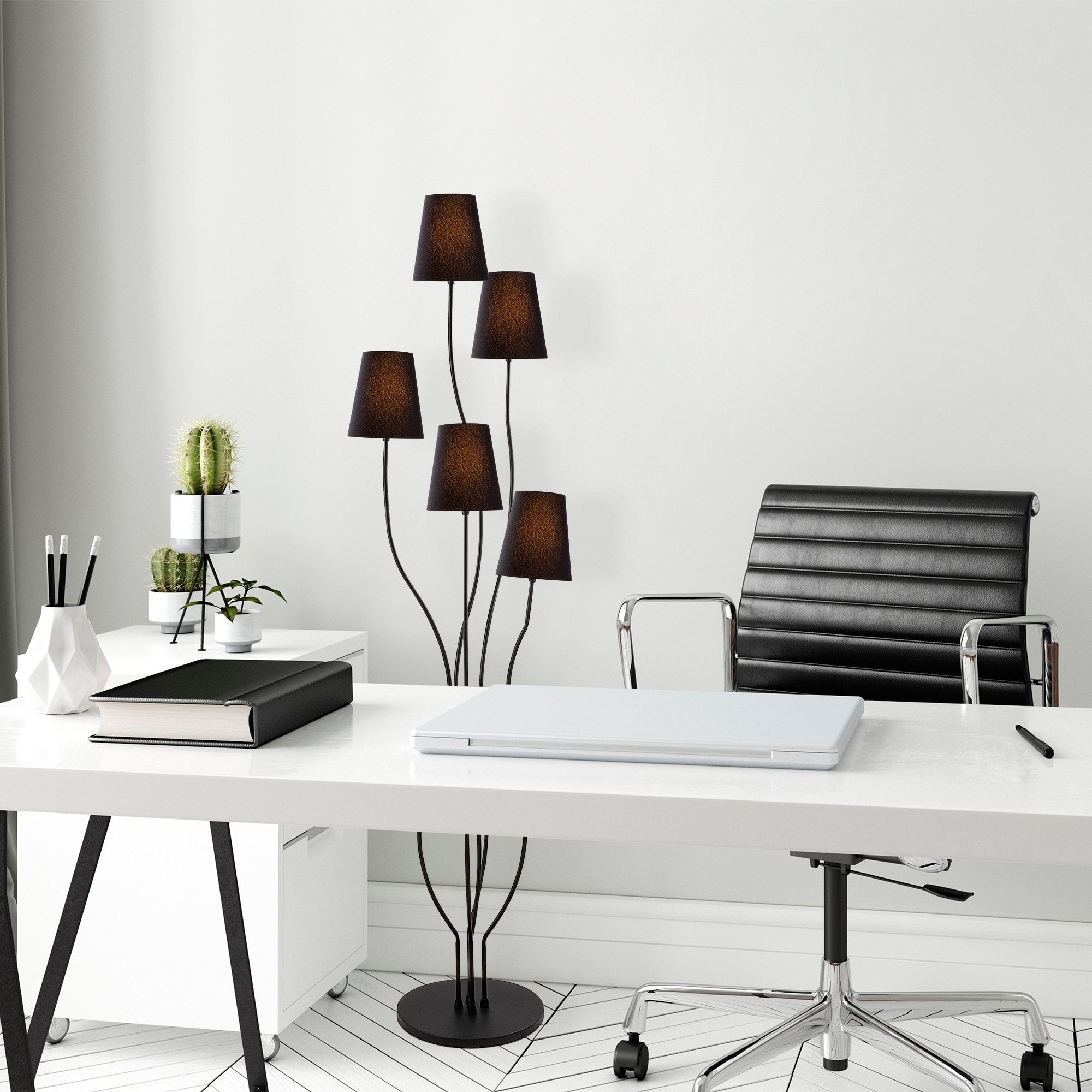 Candeeiro de Pé industrial moderna, corpo de metal preto, 44 x 44 x 160 cm | Base de tecido (14 cm de diâmetro, 16 cm de altura) | 5 soquetes E14, cabo de 200 cm, elegante e funcional