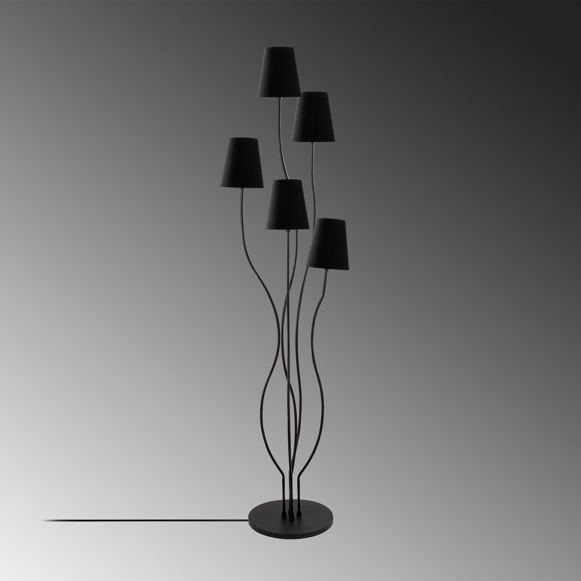 Candeeiro de Pé industrial moderna, corpo de metal preto, 44 x 44 x 160 cm | Base de tecido (14 cm de diâmetro, 16 cm de altura) | 5 soquetes E14, cabo de 200 cm, elegante e funcional