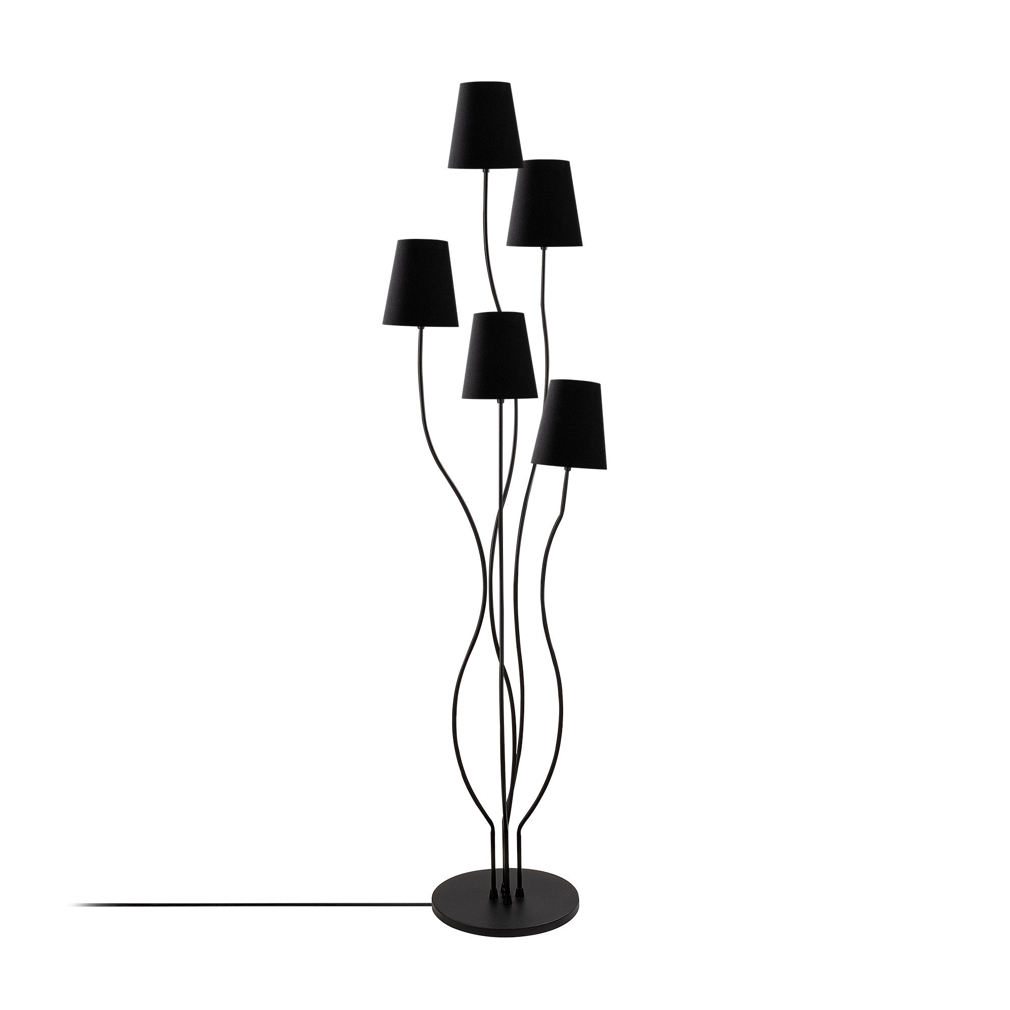 Candeeiro de Pé industrial moderna, corpo de metal preto, 44 x 44 x 160 cm | Base de tecido (14 cm de diâmetro, 16 cm de altura) | 5 soquetes E14, cabo de 200 cm, elegante e funcional