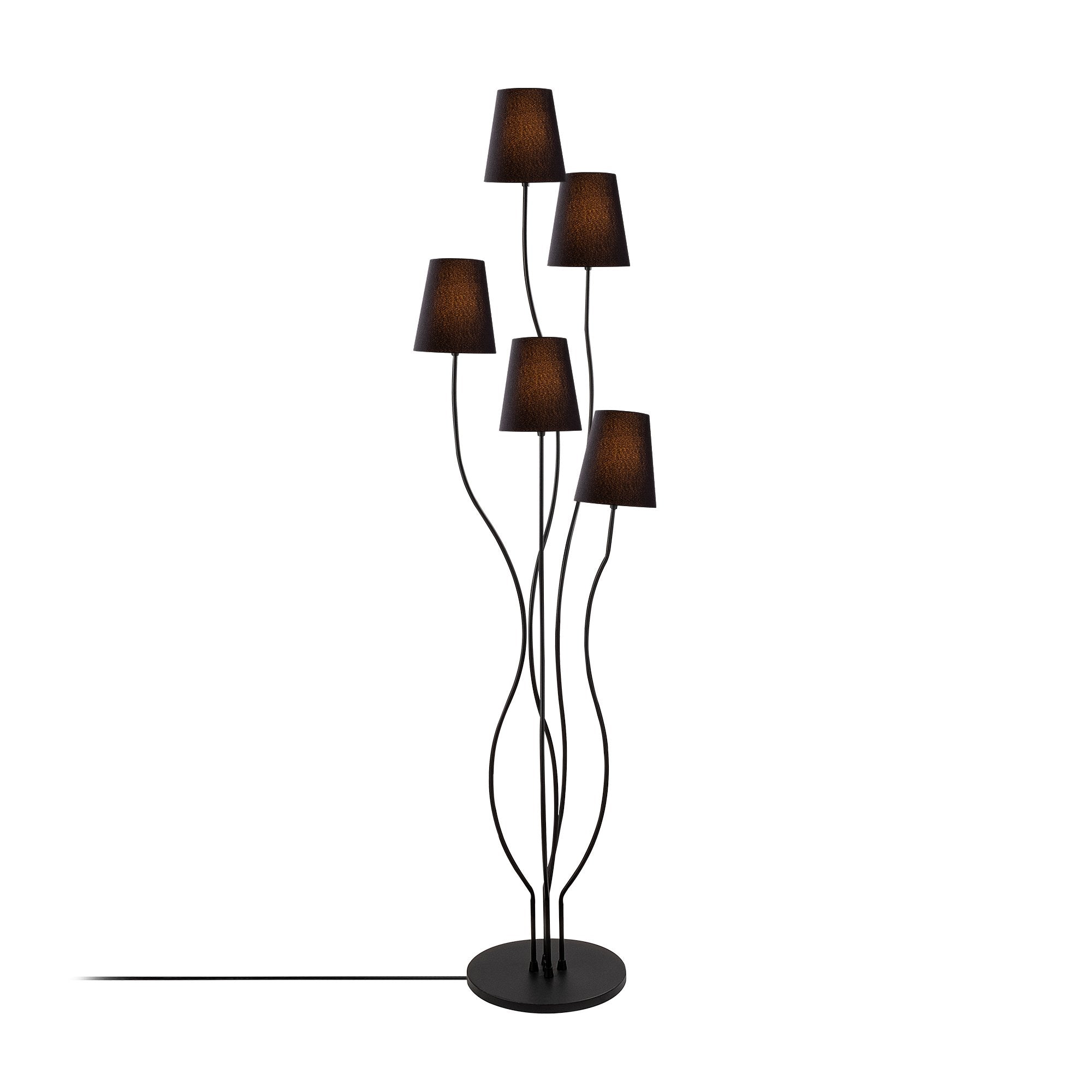 Candeeiro de Pé industrial moderna, corpo de metal preto, 44 x 44 x 160 cm | Base de tecido (14 cm de diâmetro, 16 cm de altura) | 5 soquetes E14, cabo de 200 cm, elegante e funcional