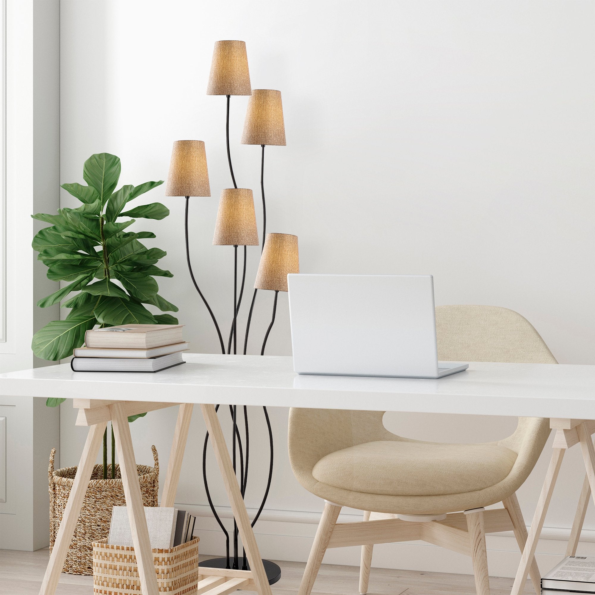 Candeeiro de Pé moderna com corpo de metal e base de tecido, 44 x 44 x 160 cm, preta e bege | 5 soquetes E14, cabo de 200 cm | Iluminação elegante para casa e escritório