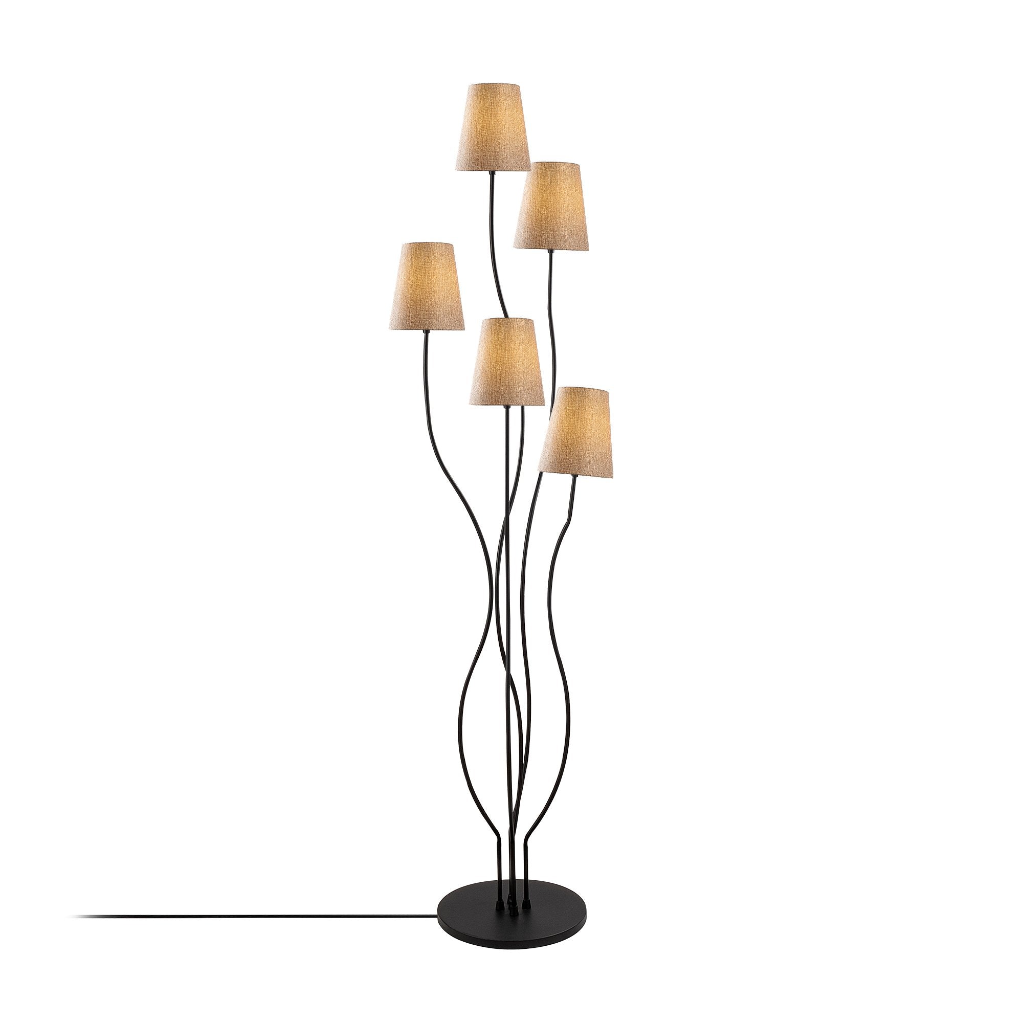 Candeeiro de Pé moderna com corpo de metal e base de tecido, 44 x 44 x 160 cm, preta e bege | 5 soquetes E14, cabo de 200 cm | Iluminação elegante para casa e escritório