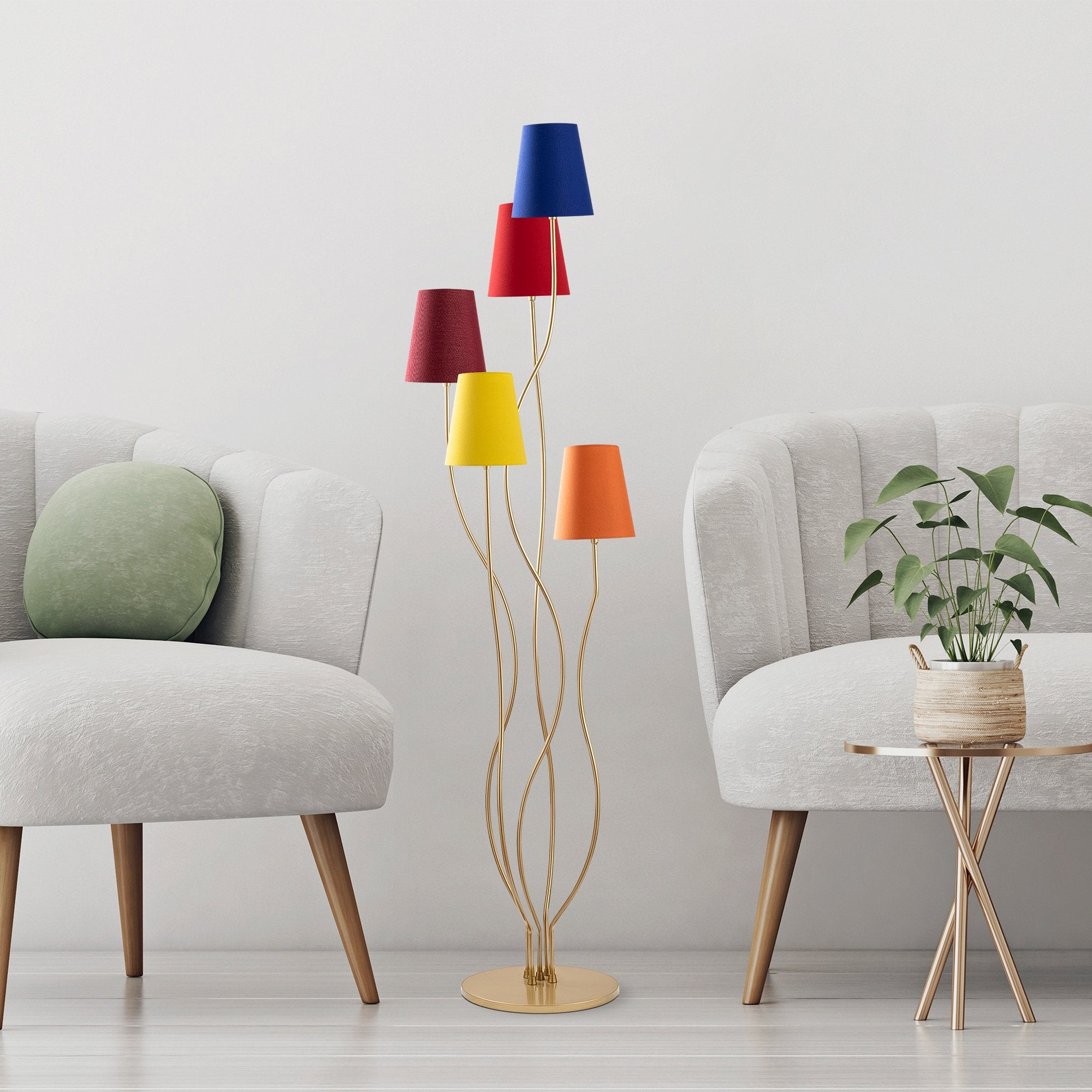 Candeeiro de Pé moderna com corpo de metal e base de tecido, 44 x 44 x 160 cm | 5 soquetes E14, cabo de 200 cm | Iluminação elegante para casa e escritório