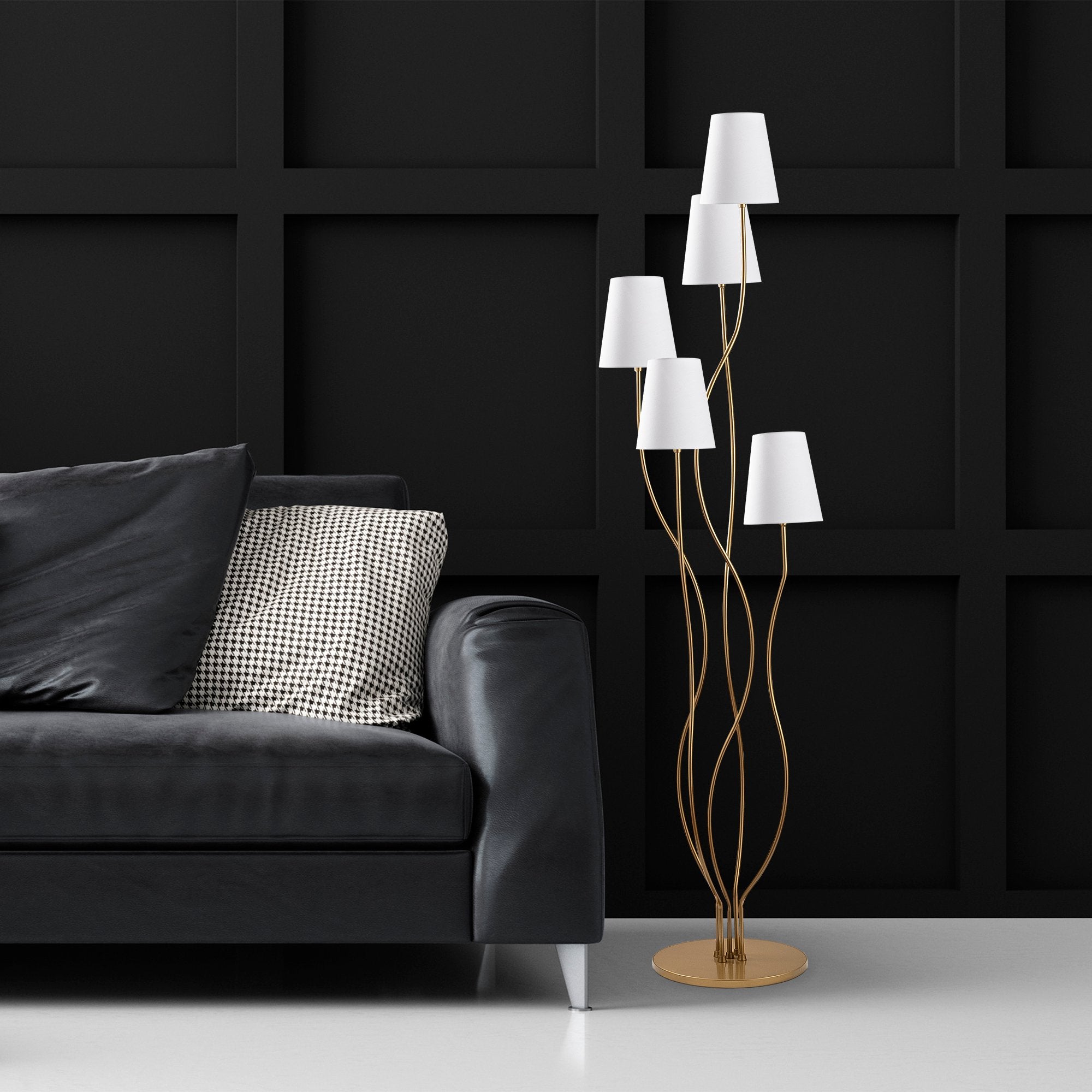 Candeeiro de Pé elegante com corpo de metal e base de tecido, dourada e branca, 44 x 44 x 160 cm | 5 soquetes E14, cabo de 200 cm | Design glamoroso para espaços modernos