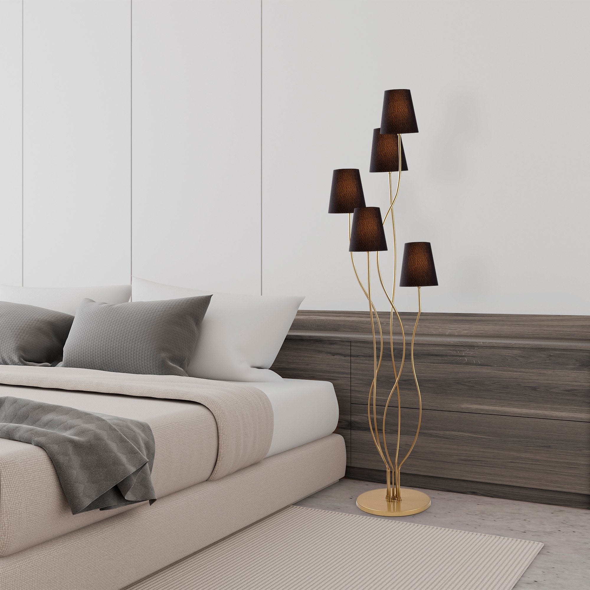 Candeeiro de Pé moderna com corpo de metal, dourada e preta, 44 x 44 x 160 cm | Base de tecido (14 cm de diâmetro, 16 cm de altura) | 5 soquetes E14, cabo de 200 cm, elegante e funcional