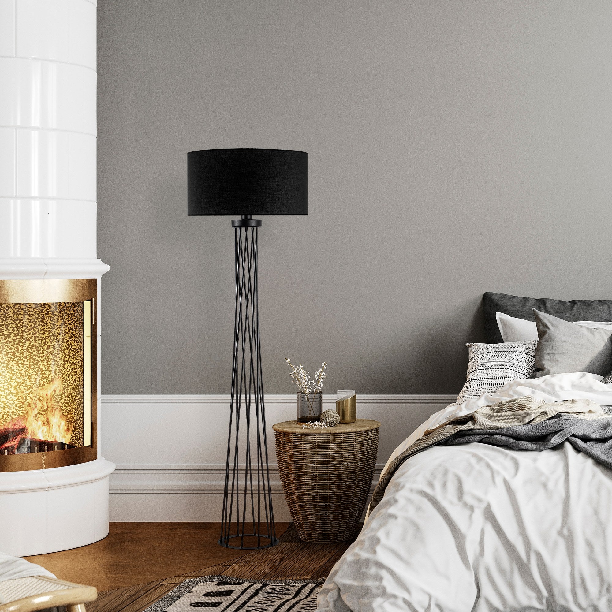 Candeeiro de Pé Elegante Preta, Corpo de Metal, 50 cm de Largura x 175 cm de Altura | IP20, Soquete E27, 40 W Máx., Cabo de 200 cm | Iluminação Elegante para Espaços Modernos