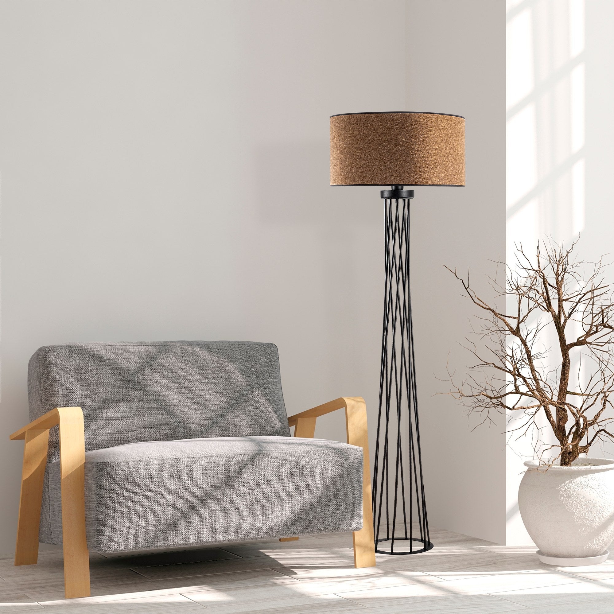 Candeeiro de Pé elegante com corpo de metal, acabamento marrom, 50 cm de largura x 175 cm de altura | Soquete E27, 40 W máx., cabo de 200 cm, interruptor liga/desliga | Perfeito para decoração moderna