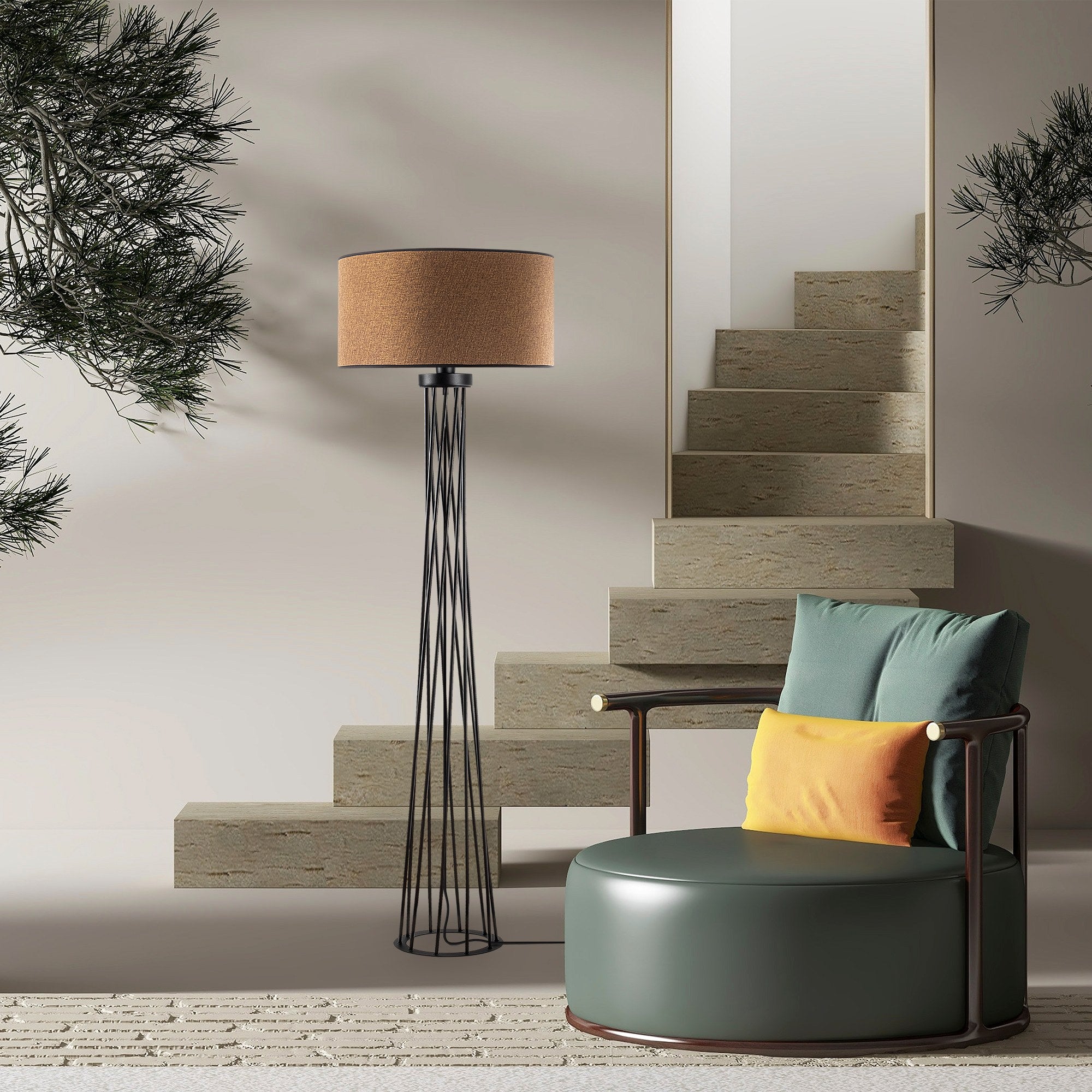 Candeeiro de Pé elegante com corpo de metal, acabamento marrom, 50 cm de largura x 175 cm de altura | Soquete E27, 40 W máx., cabo de 200 cm, interruptor liga/desliga | Perfeito para decoração moderna