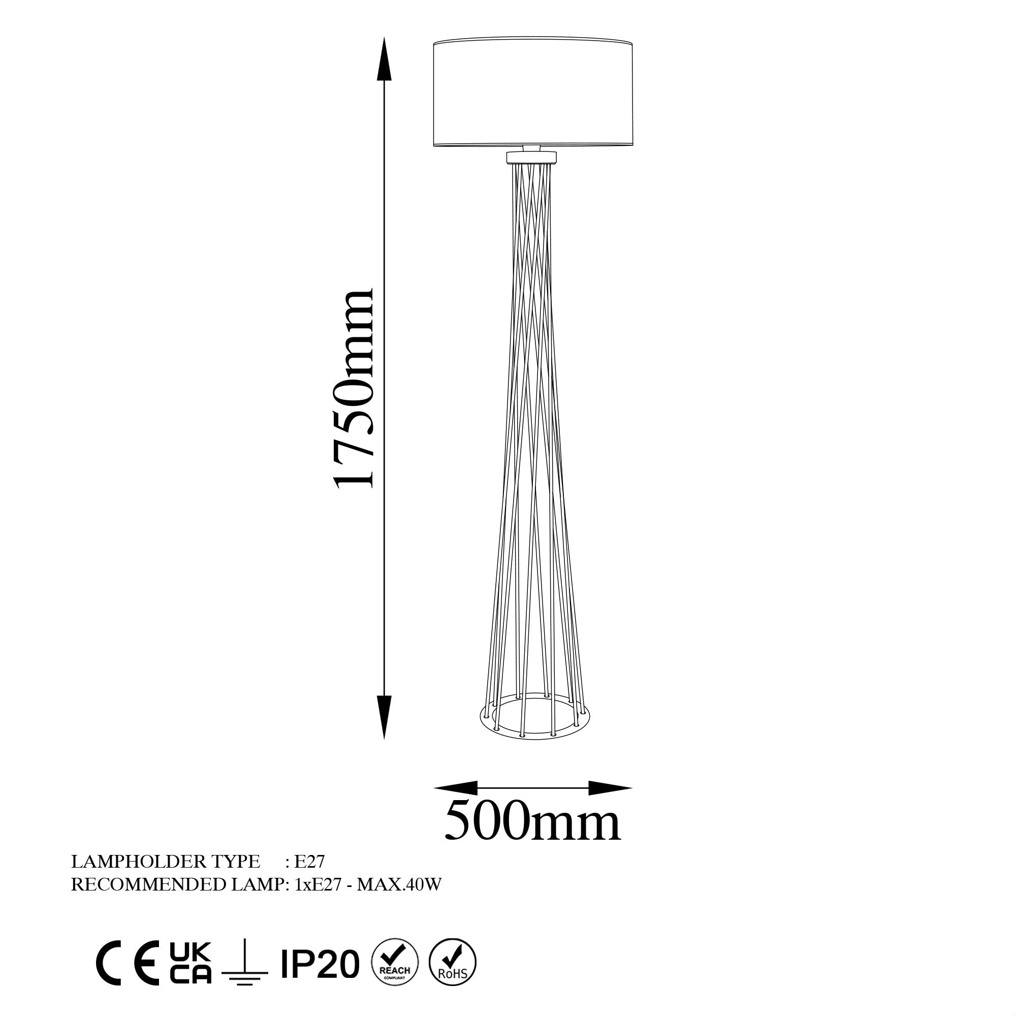 Candeeiro de Pé branca elegante, corpo de metal, 50 cm de largura x 175 cm de altura | IP20, soquete E27, 40 W máx., cabo de 200 cm | Iluminação elegante para espaços modernos