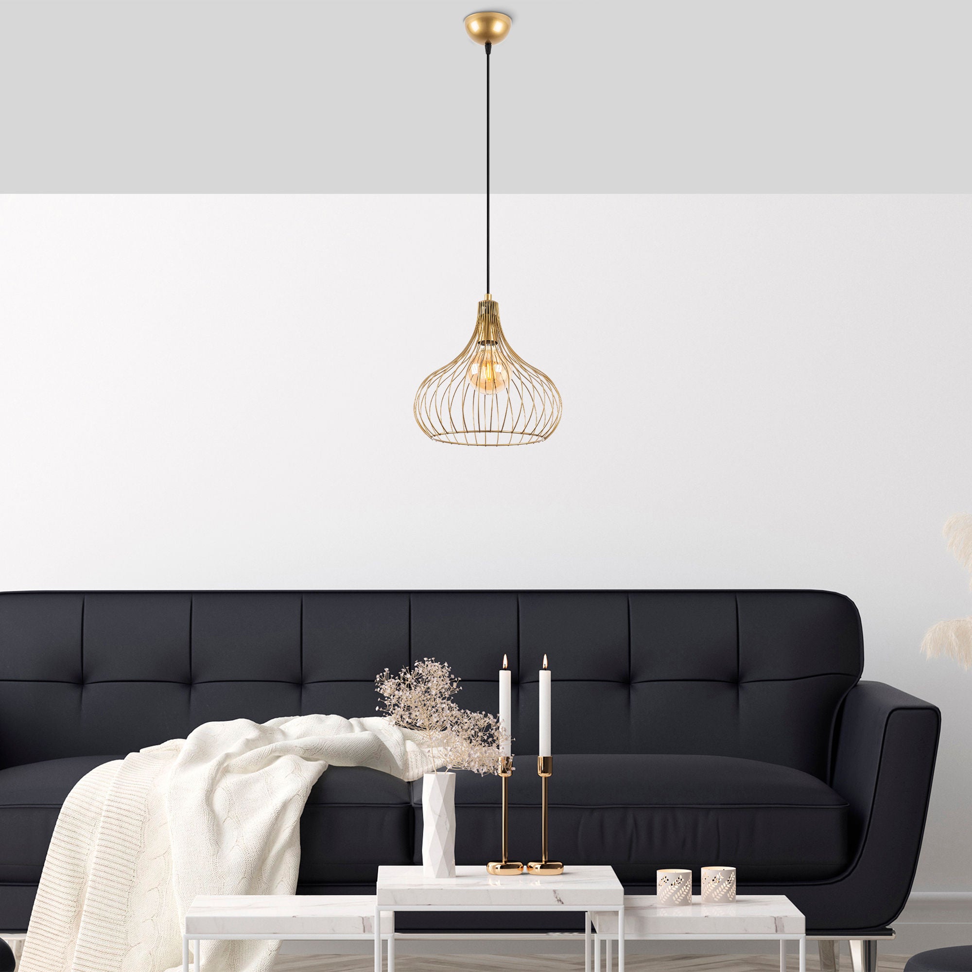 Candeeiro de Teto Dourado Elegante, Corpo em Metal, Altura Ajustável, 22 x 22 x 120 cm | Soquete E27, Máx. 40 W | Design Glamour Moderno para Interiores Elegantes