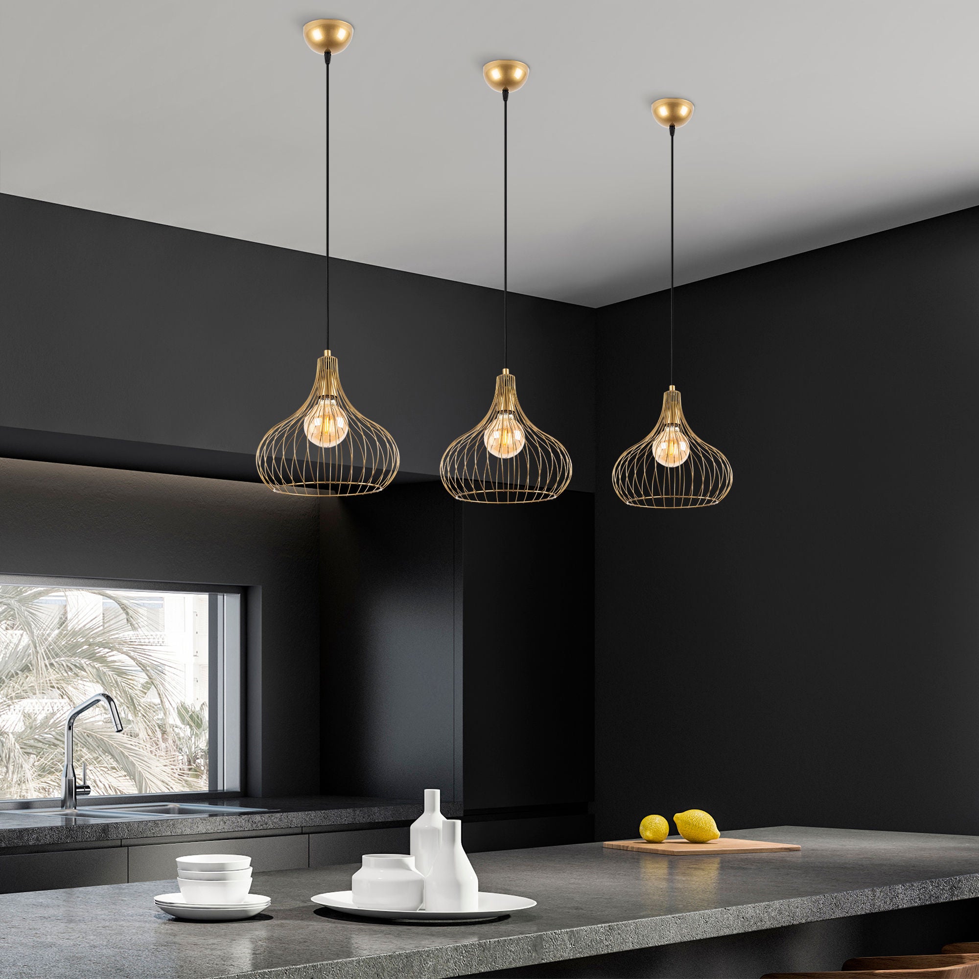 Candeeiro de Teto Dourado Elegante, Corpo em Metal, Altura Ajustável, 22 x 22 x 120 cm | Soquete E27, Máx. 40 W | Design Glamour Moderno para Interiores Elegantes