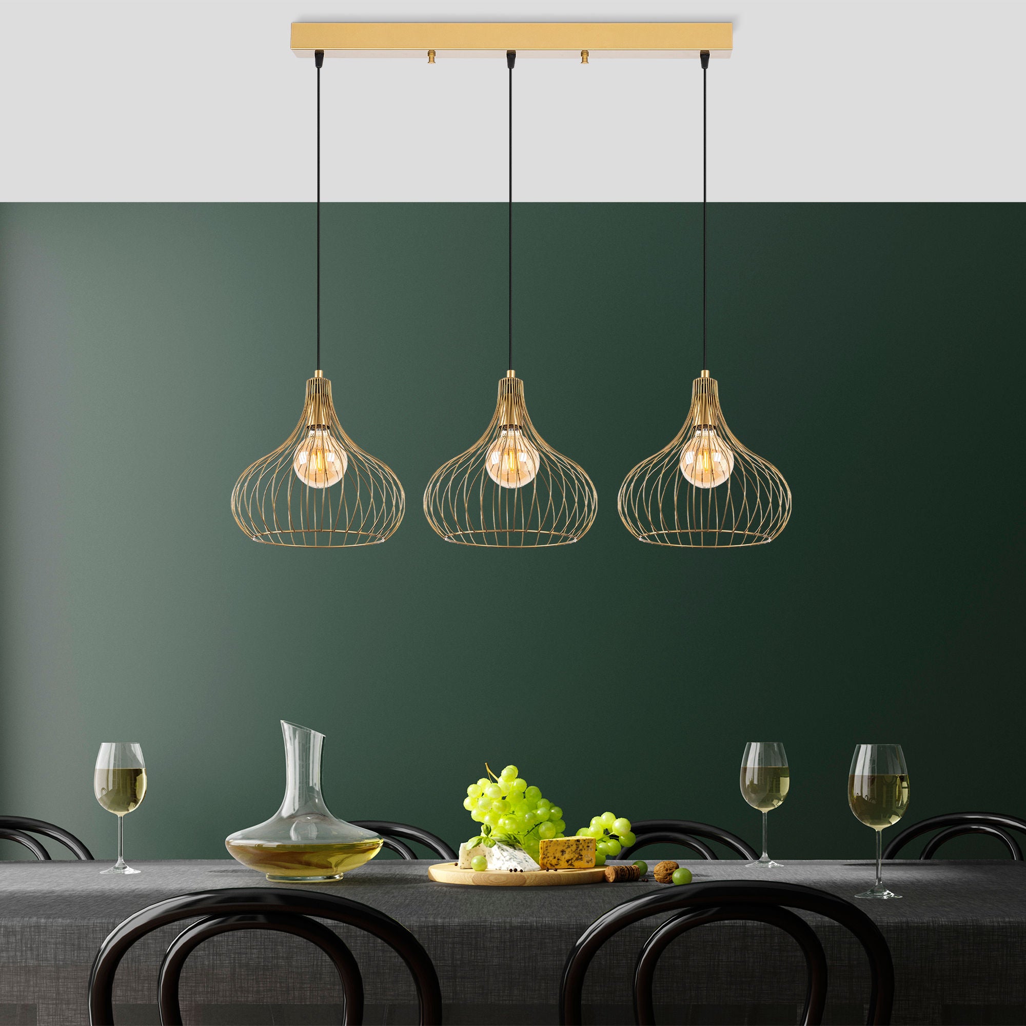 Candeeiro de Teto Dourado Elegante, Corpo em Metal, 76 x 22 x 120 cm | Altura Ajustável, 3 Soquetes E27, Design Moderno e Glamouroso | Perfeito para Salas de Estar e Jantar