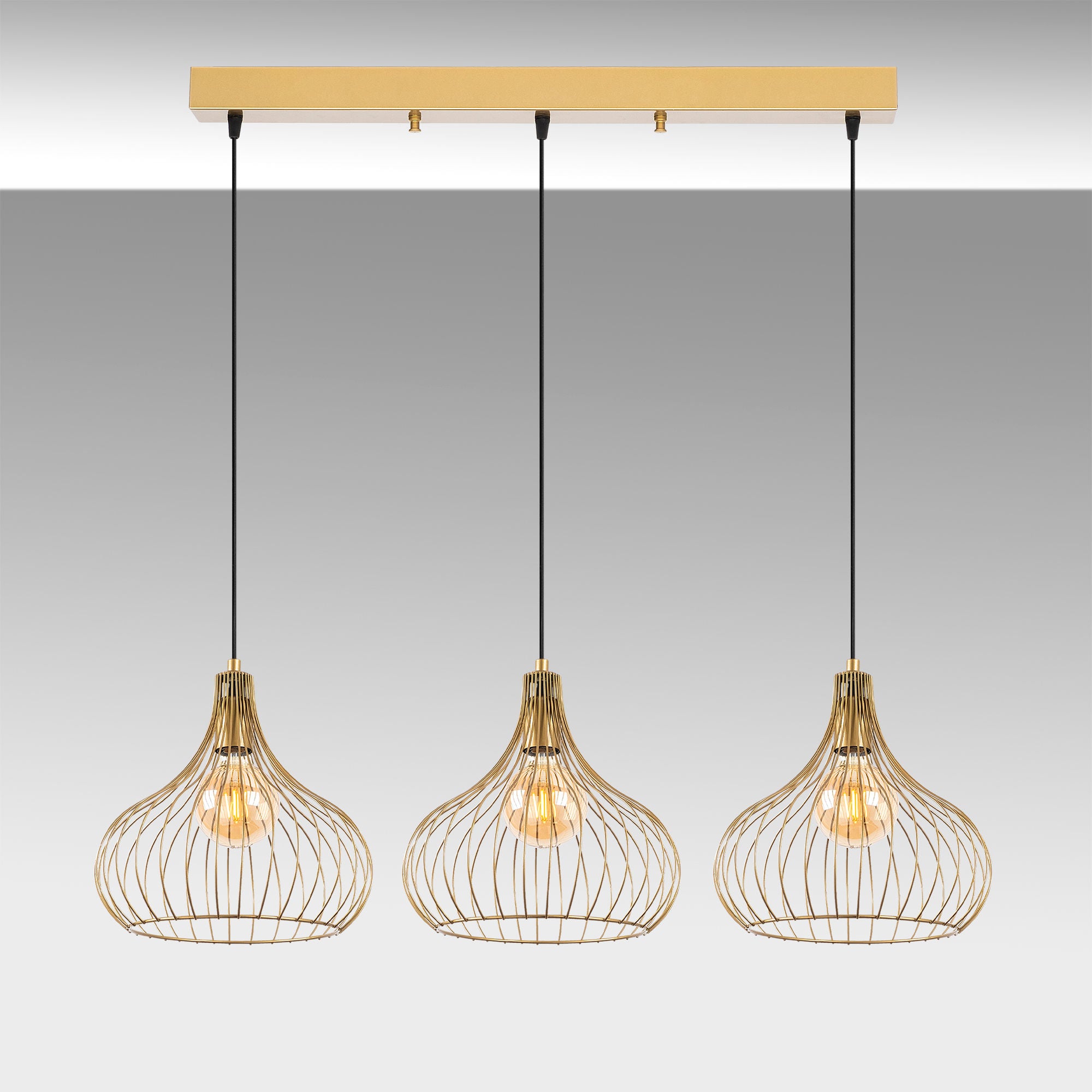 Candeeiro de Teto Dourado Elegante, Corpo em Metal, 76 x 22 x 120 cm | Altura Ajustável, 3 Soquetes E27, Design Moderno e Glamouroso | Perfeito para Salas de Estar e Jantar