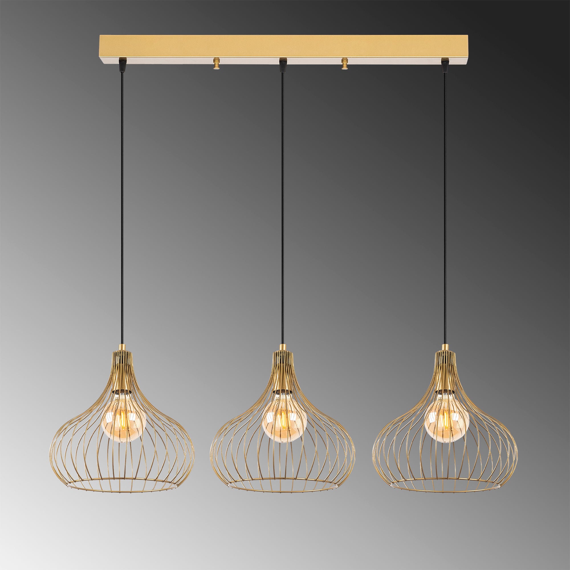 Candeeiro de Teto Dourado Elegante, Corpo em Metal, 76 x 22 x 120 cm | Altura Ajustável, 3 Soquetes E27, Design Moderno e Glamouroso | Perfeito para Salas de Estar e Jantar