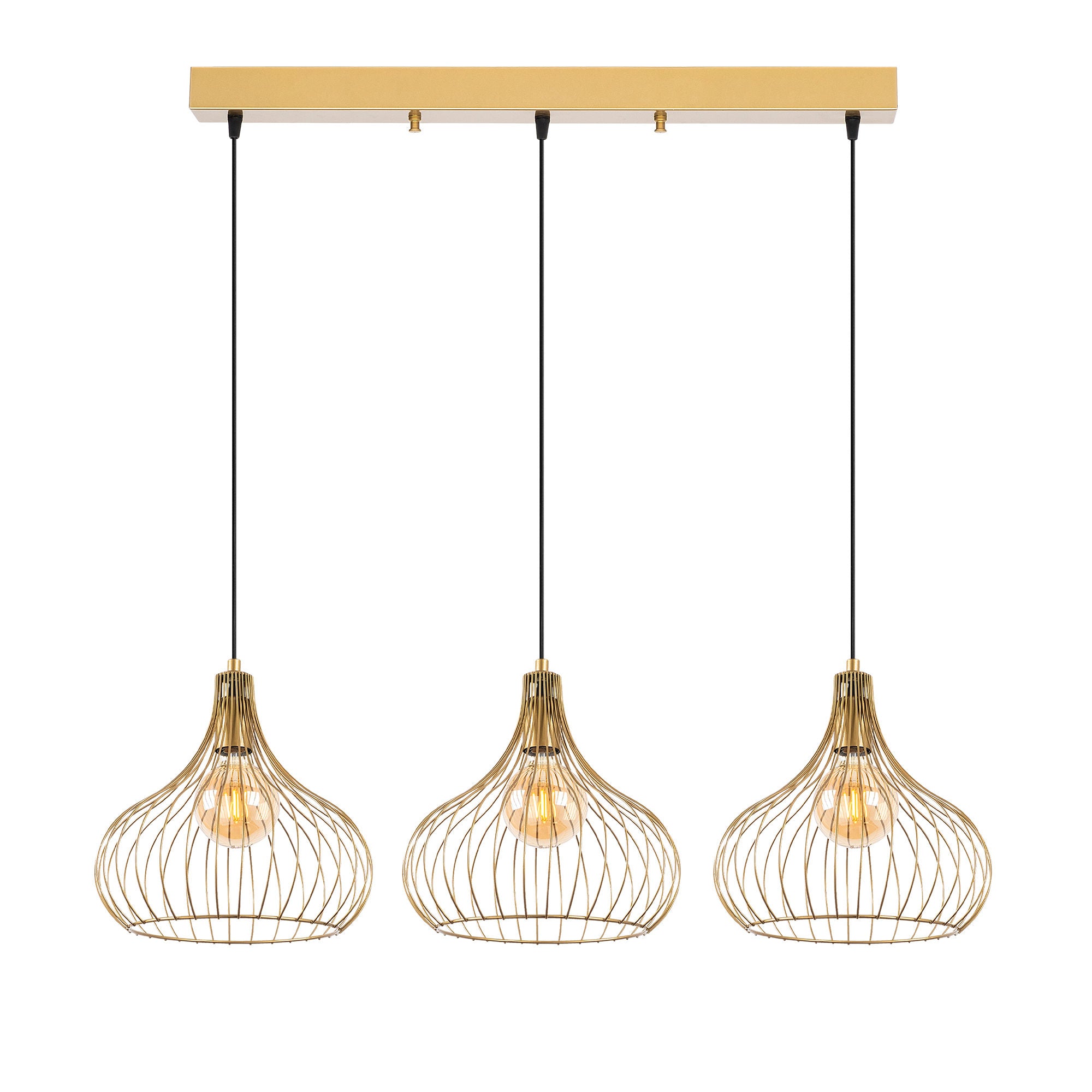 Candeeiro de Teto Dourado Elegante, Corpo em Metal, 76 x 22 x 120 cm | Altura Ajustável, 3 Soquetes E27, Design Moderno e Glamouroso | Perfeito para Salas de Estar e Jantar