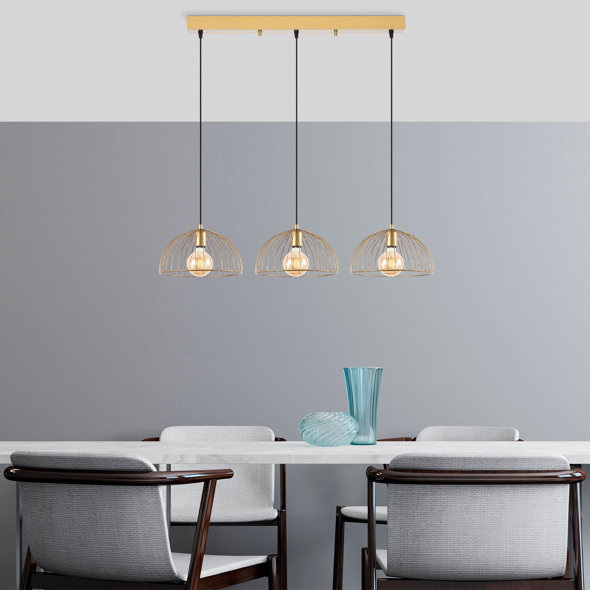 Candeeiro de Teto Dourado Elegante, Corpo em Metal, 101 x 31 x 105 cm | Altura Ajustável, 3 Soquetes E27, Design Moderno e Glamouroso | Perfeito para Salas de Estar e Salas de Jantar