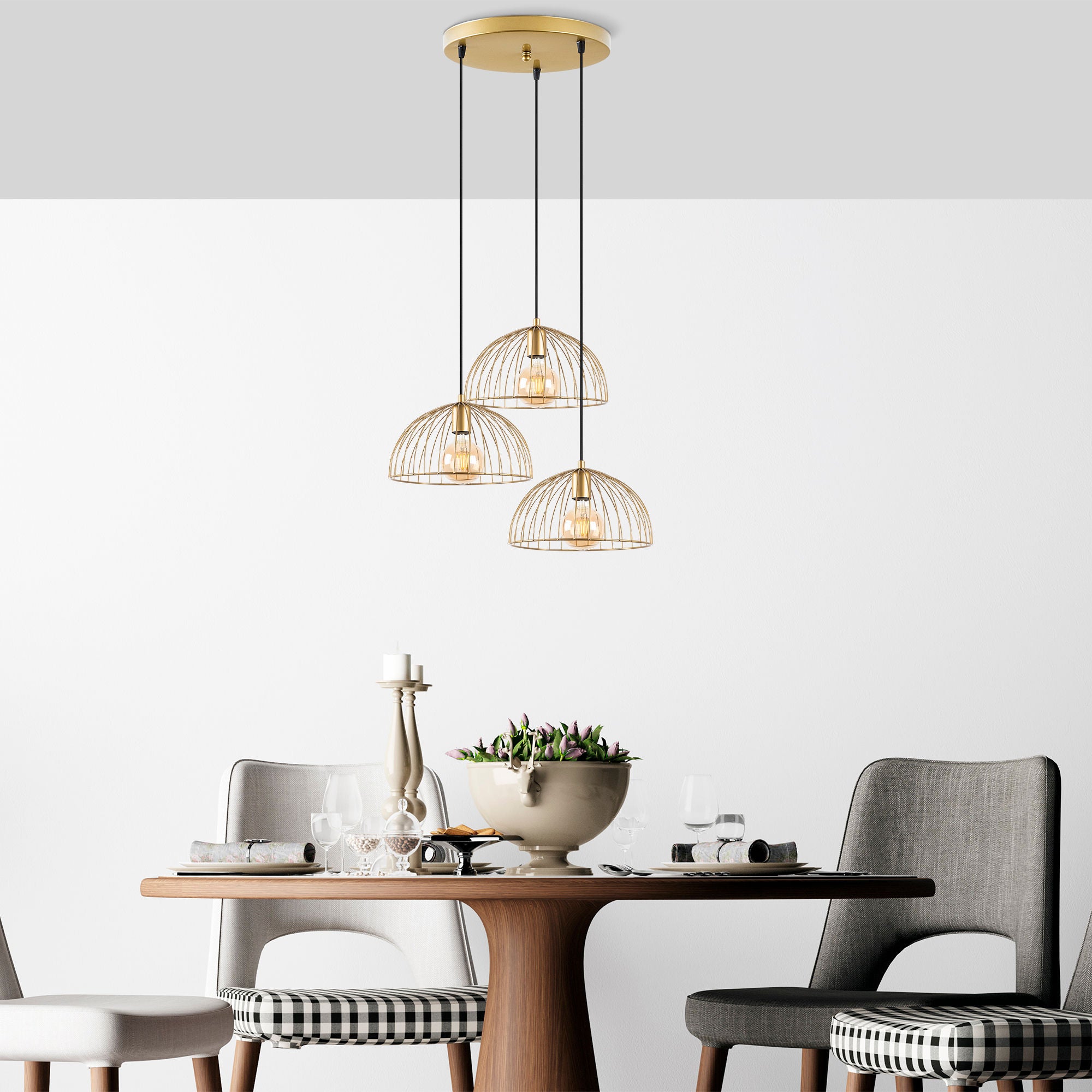 Candeeiro de Teto Dourado Elegante, Corpo em Metal, 55 x 55 x 116 cm | Altura Ajustável, 3 Soquetes E27, Design Moderno e Glamouroso | Perfeito para Salas de Estar e Salas de Jantar