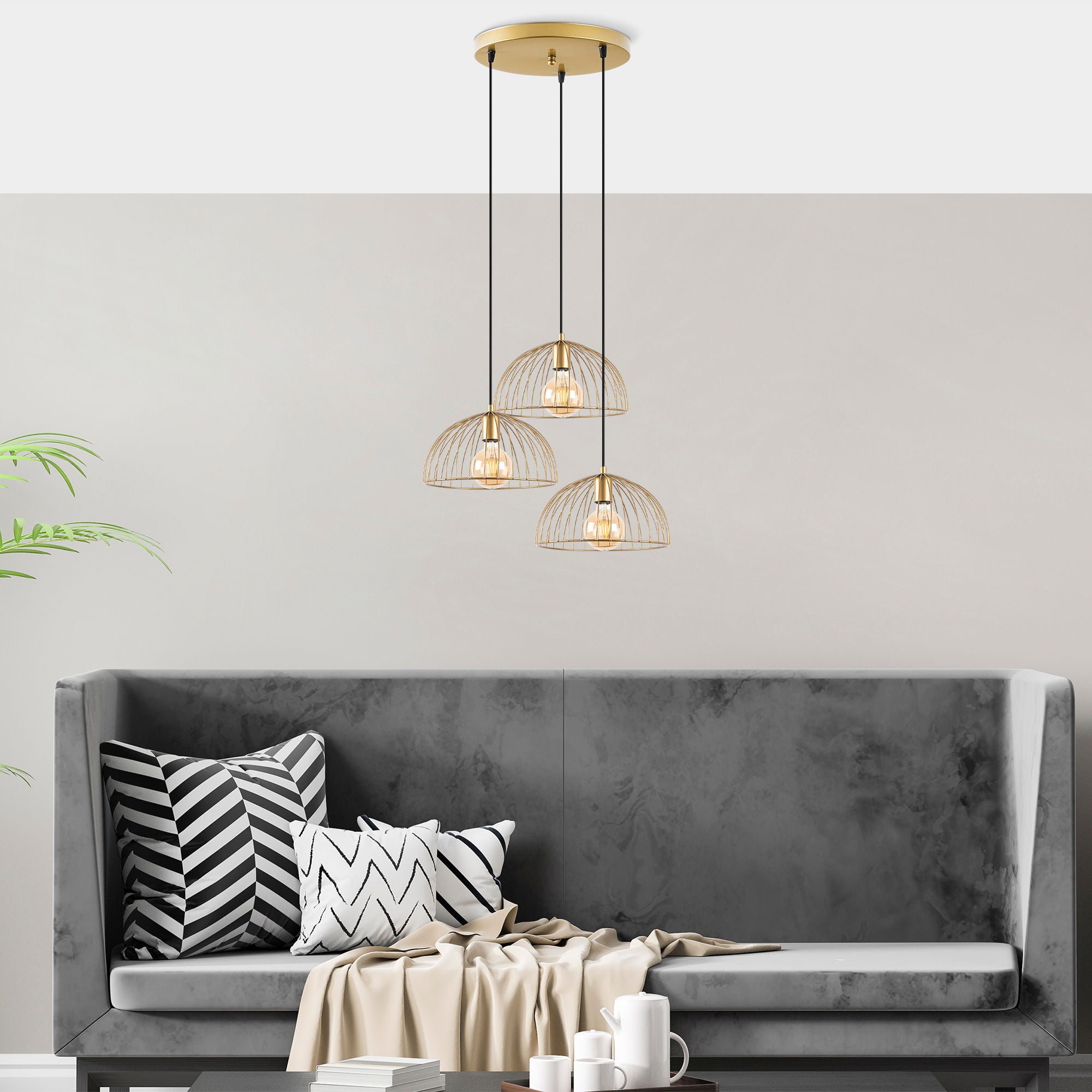 Candeeiro de Teto Dourado Elegante, Corpo em Metal, 55 x 55 x 116 cm | Altura Ajustável, 3 Soquetes E27, Design Moderno e Glamouroso | Perfeito para Salas de Estar e Salas de Jantar