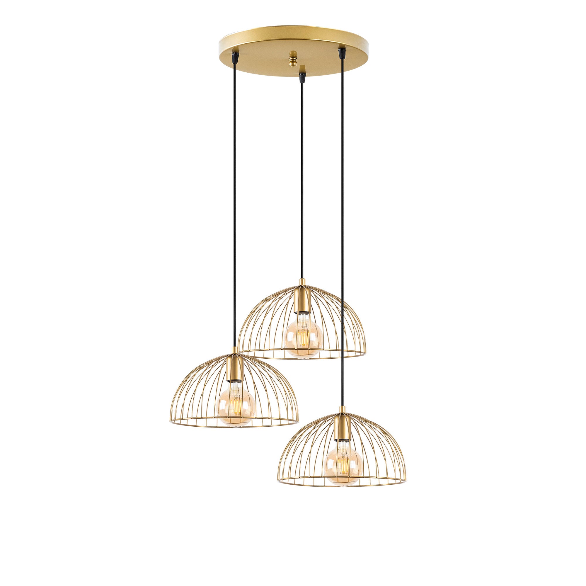 Candeeiro de Teto Dourado Elegante, Corpo em Metal, 55 x 55 x 116 cm | Altura Ajustável, 3 Soquetes E27, Design Moderno e Glamouroso | Perfeito para Salas de Estar e Salas de Jantar