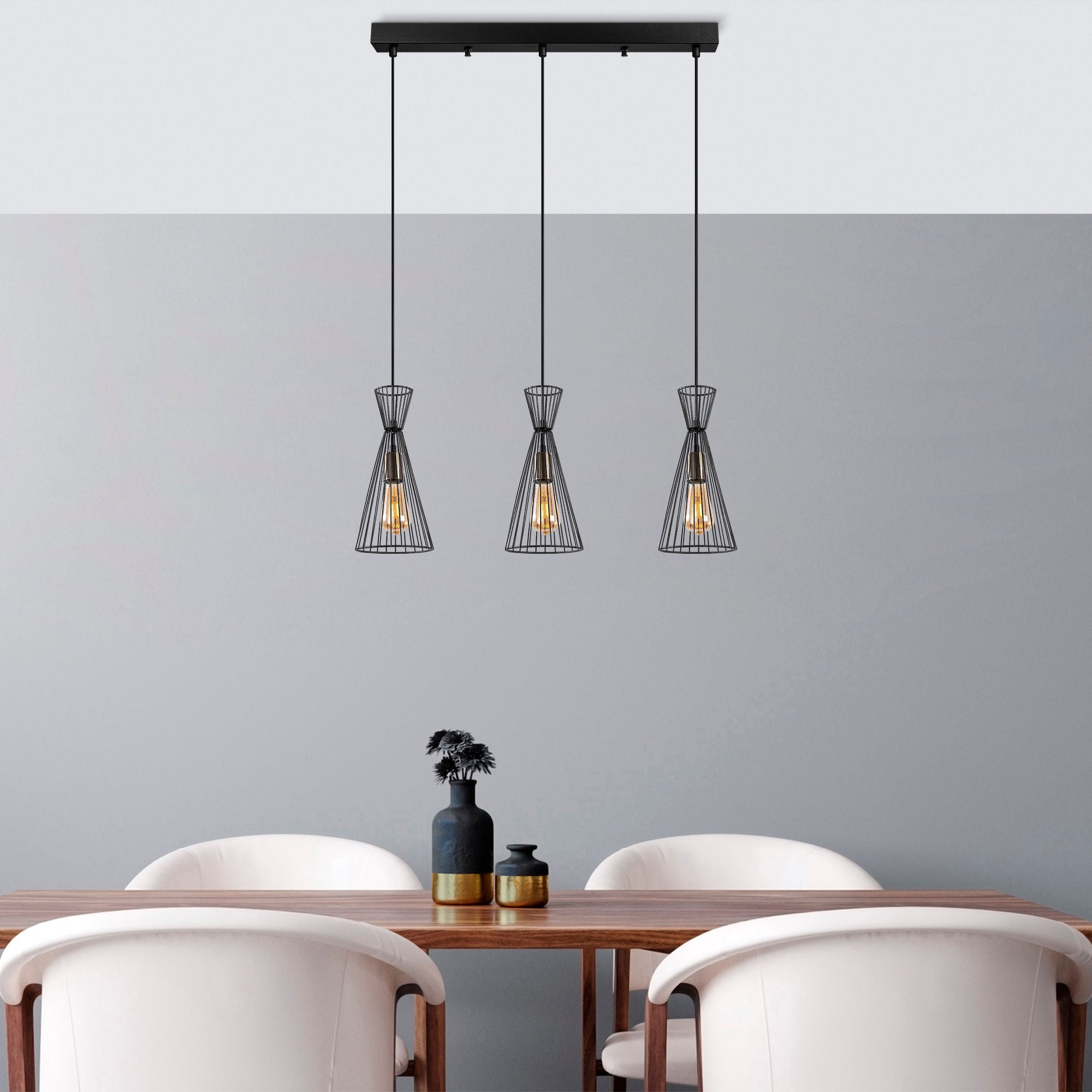 Candeeiro de Teto Industrial com Corpo em Metal, Acabamento Preto e Antigo, 68 x 15 x 125 cm | Altura Ajustável, 3 Soquetes E27, Perfeito para Espaços Modernos