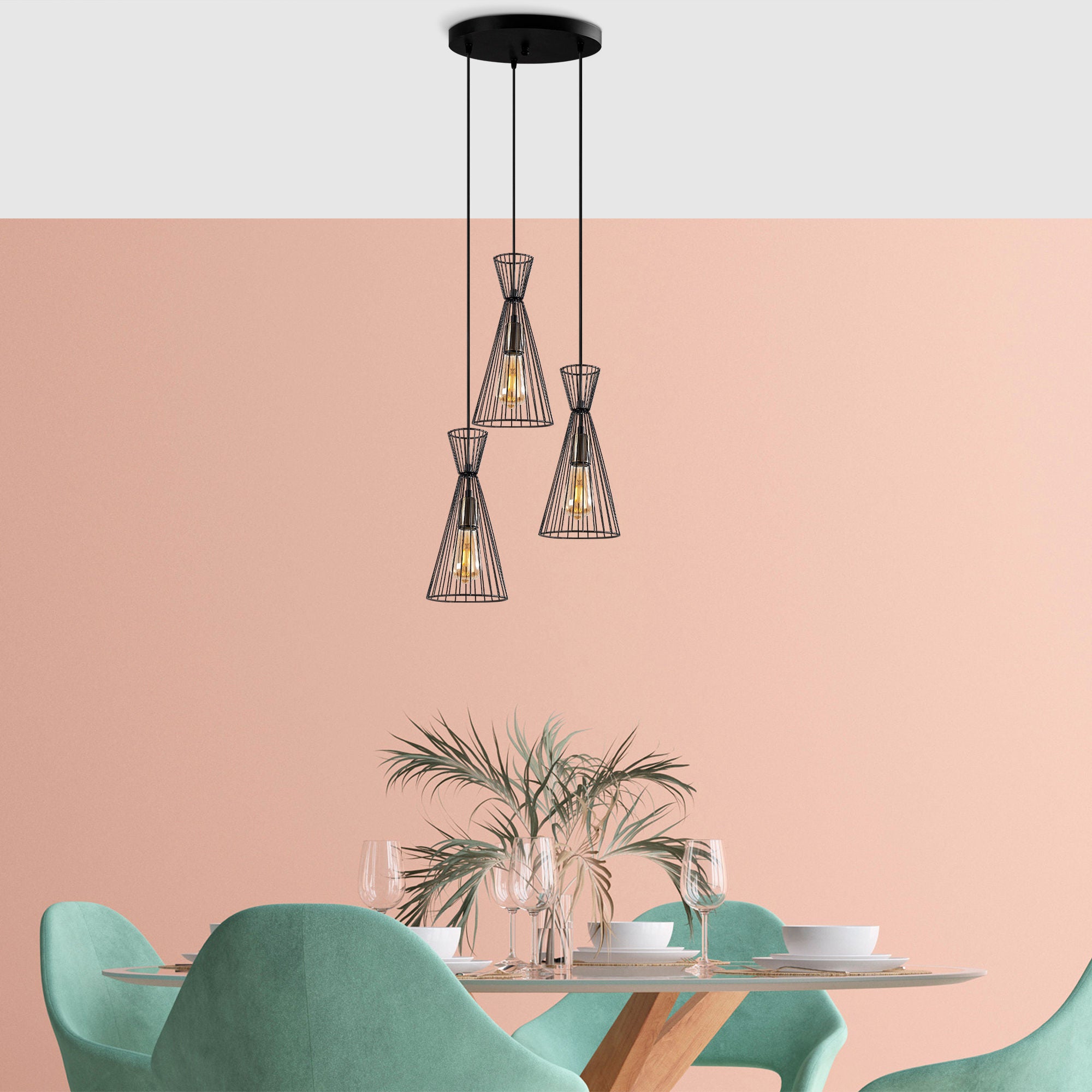 Candeeiro de Teto Industrial, Acabamento Preto e Antigo, 68 x 68 x 125 cm | Corpo em Metal, Altura Ajustável, 3 Soquetes E27 | Perfeito para Decoração Moderna