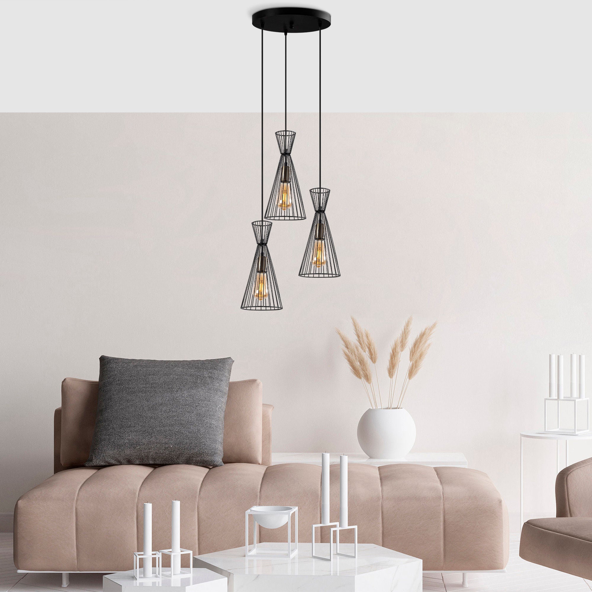 Candeeiro de Teto Industrial, Acabamento Preto e Antigo, 68 x 68 x 125 cm | Corpo em Metal, Altura Ajustável, 3 Soquetes E27 | Perfeito para Decoração Moderna