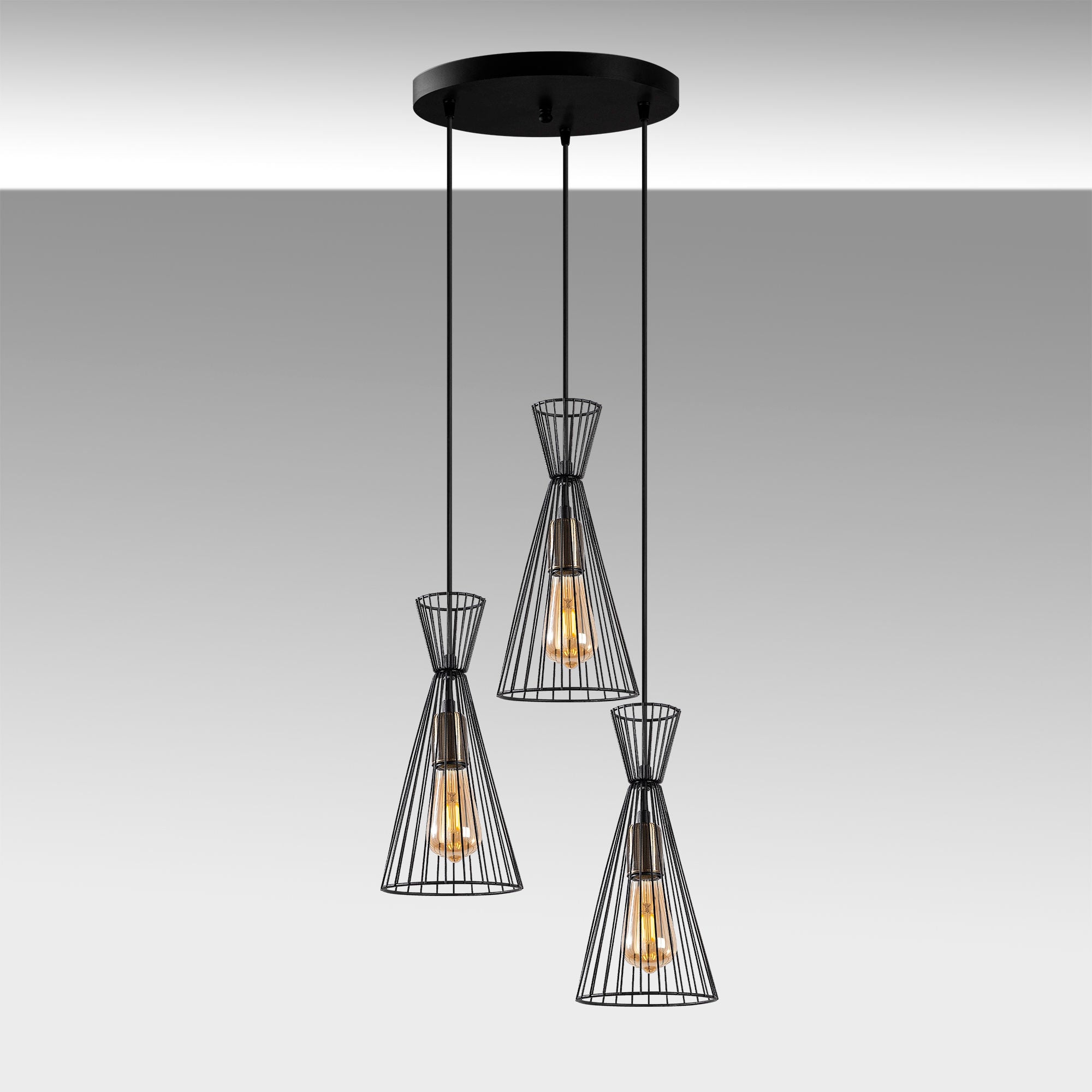 Candeeiro de Teto Industrial, Acabamento Preto e Antigo, 68 x 68 x 125 cm | Corpo em Metal, Altura Ajustável, 3 Soquetes E27 | Perfeito para Decoração Moderna