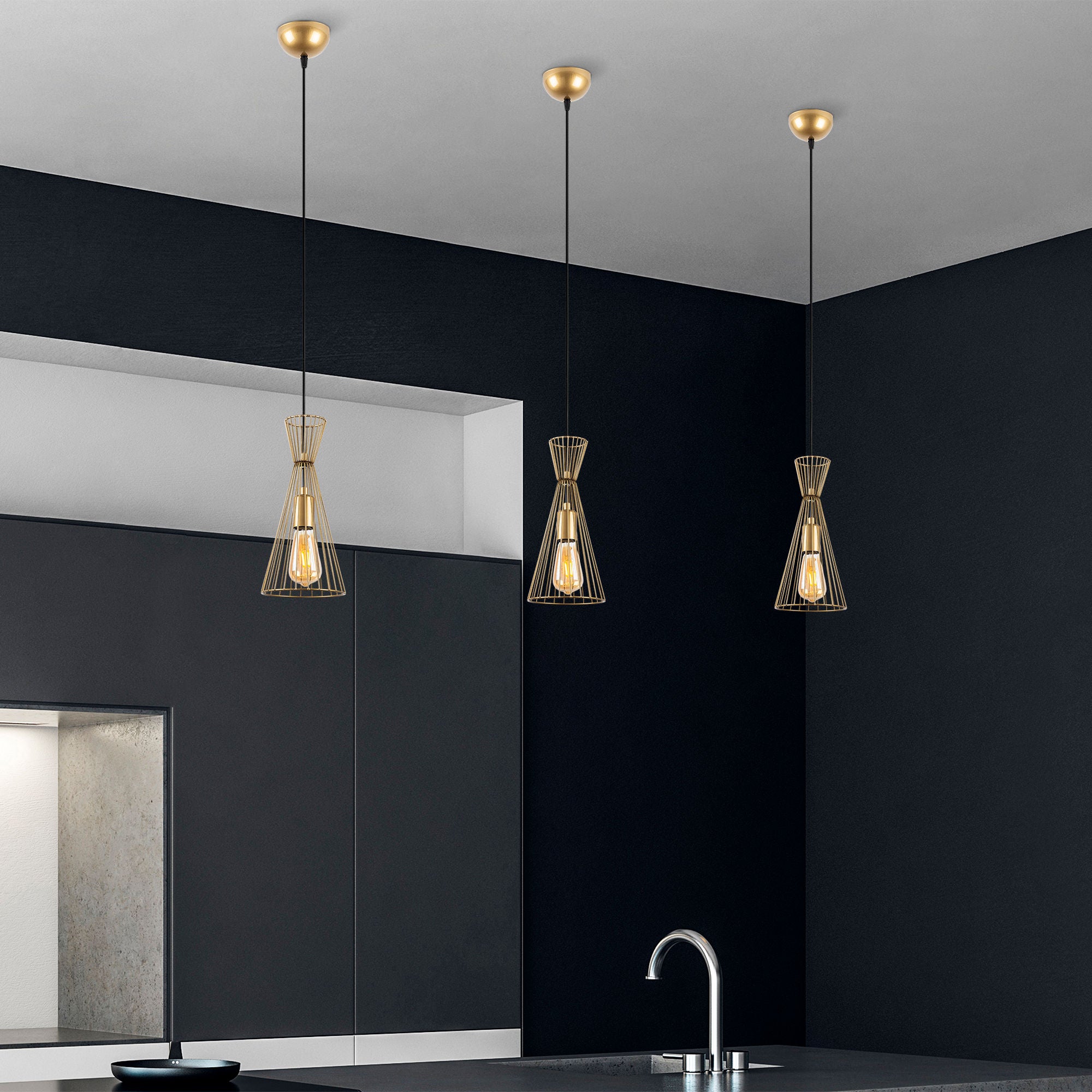 Candeeiro de Teto Dourado Elegante, Corpo em Metal, Altura Ajustável, 15 x 15 x 125 cm | Soquete E27, Potência Máxima de 40 W, Design Moderno e Glamouroso para Casa e Escritório