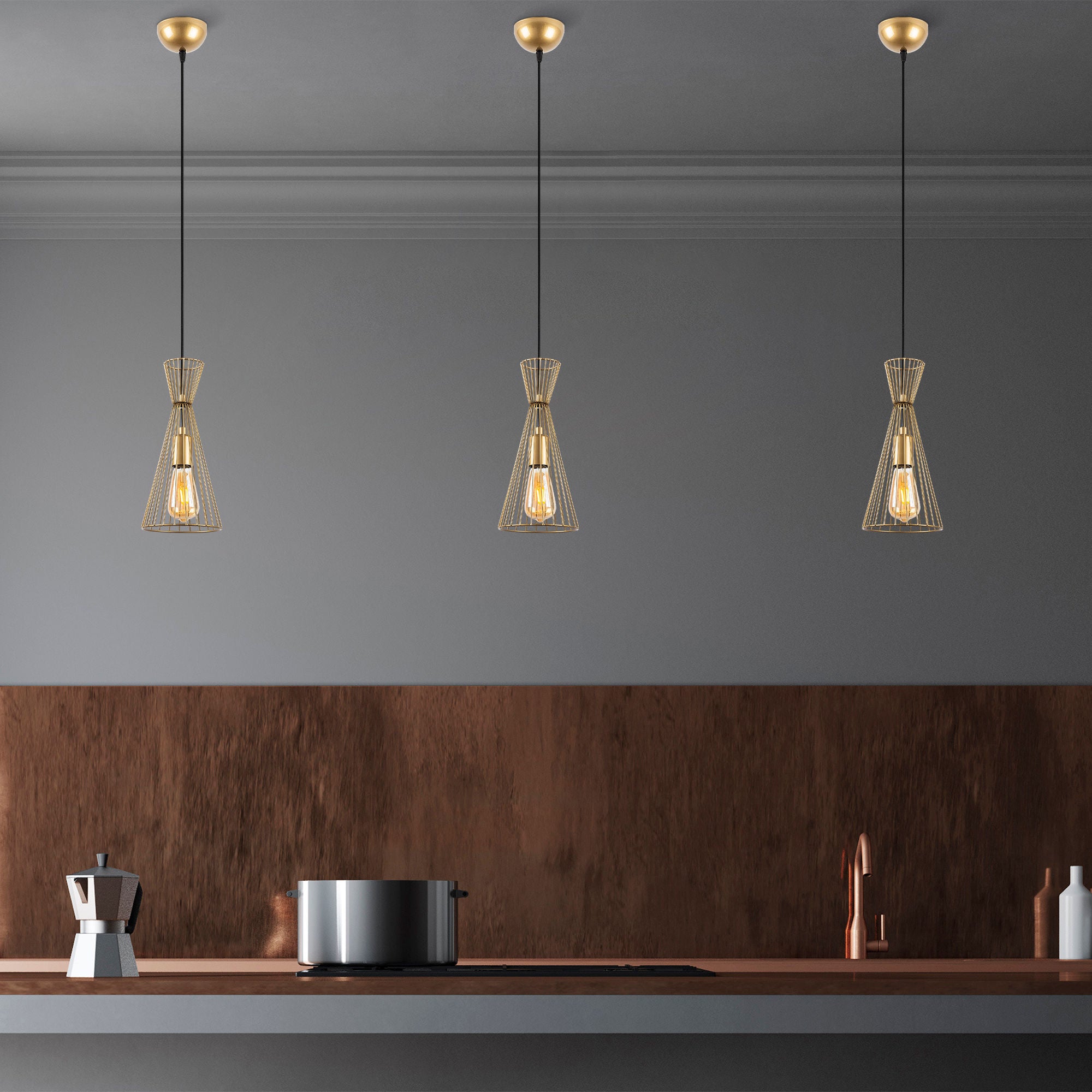 Candeeiro de Teto Dourado Elegante, Corpo em Metal, Altura Ajustável, 15 x 15 x 125 cm | Soquete E27, Potência Máxima de 40 W, Design Moderno e Glamouroso para Casa e Escritório