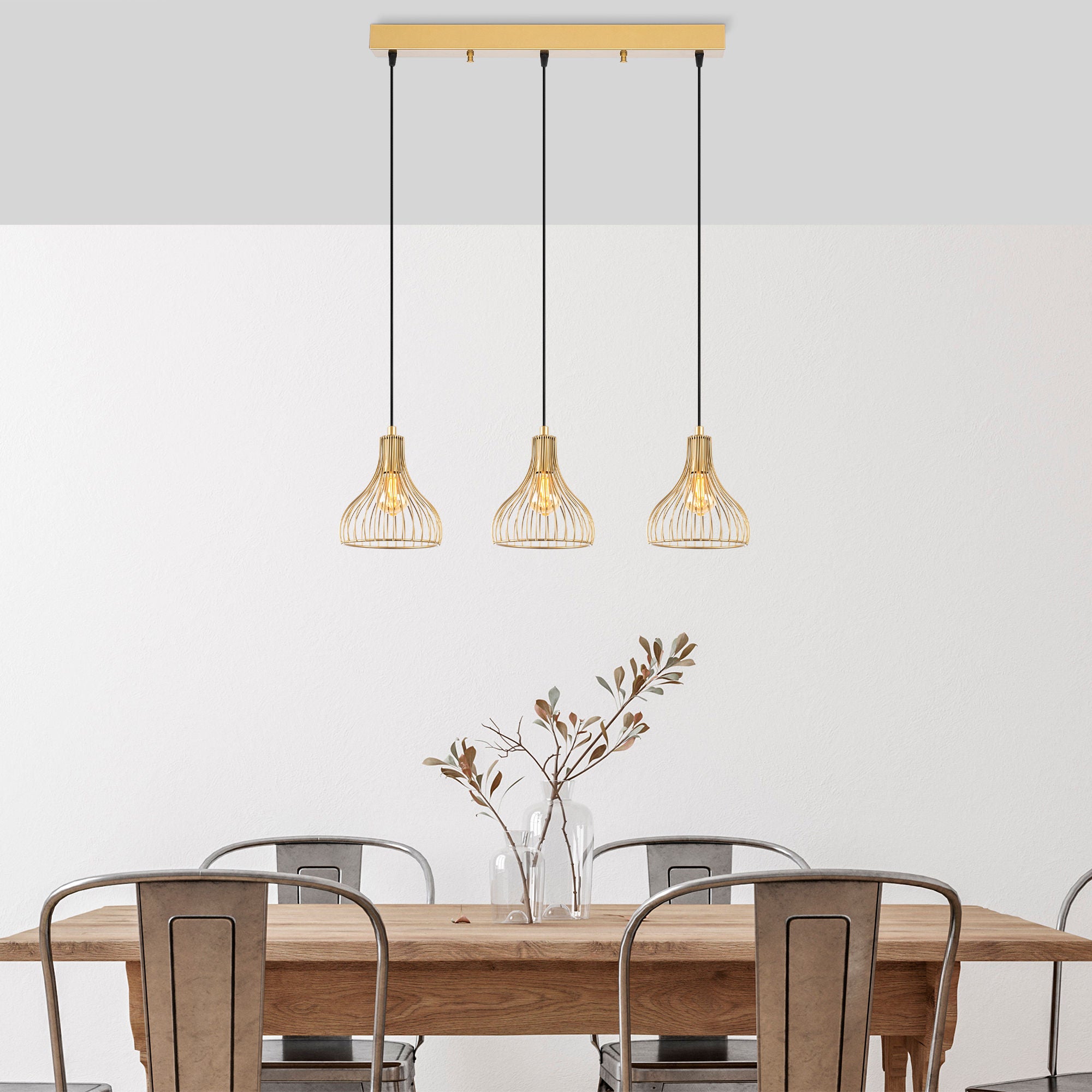 Candeeiro de Teto Dourado Elegante, Corpo em Metal, 70 x 20 x 117 cm | Altura Ajustável, 3 Soquetes E27, Design Moderno e Glamouroso | Perfeito para Salas de Estar e Salas de Jantar