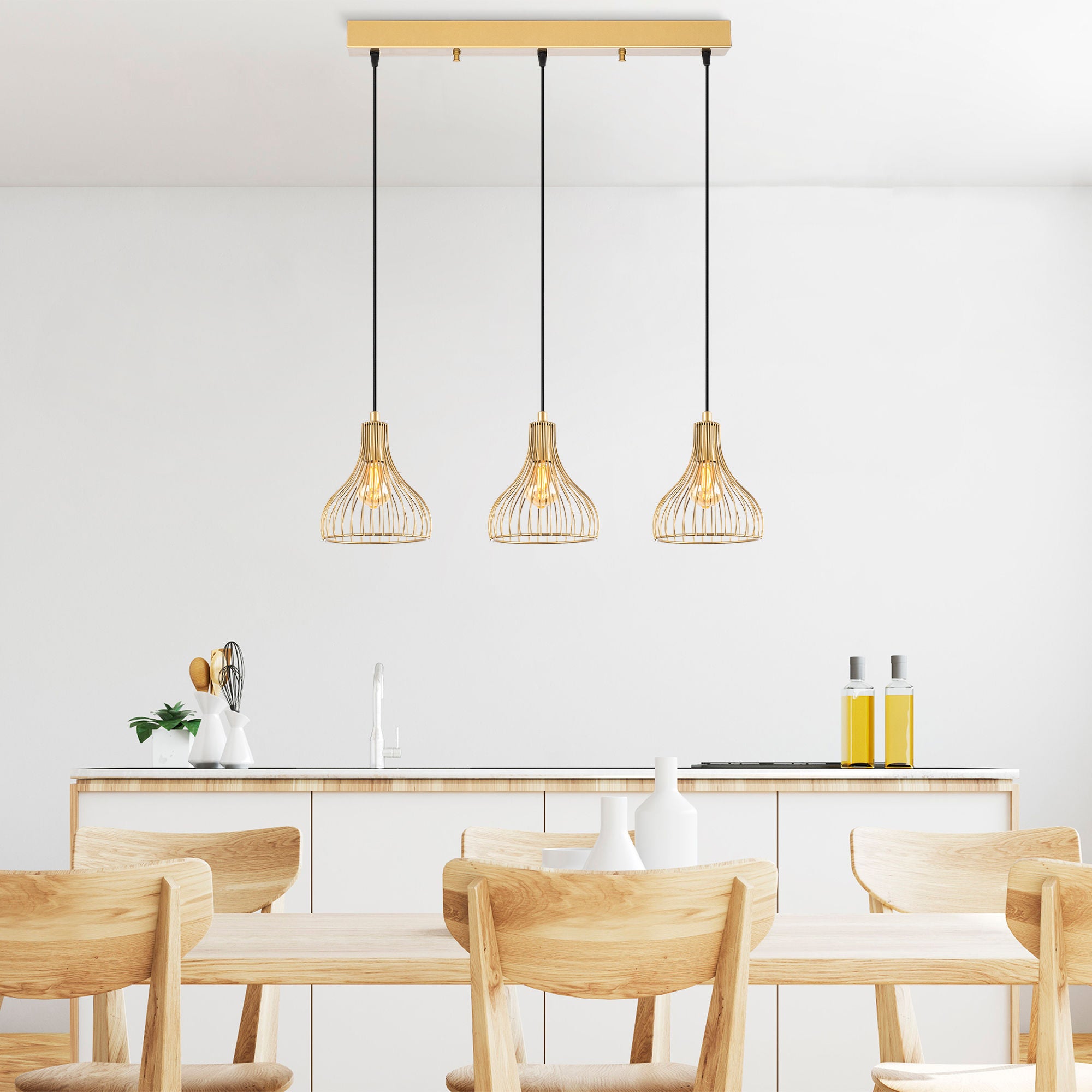 Candeeiro de Teto Dourado Elegante, Corpo em Metal, 70 x 20 x 117 cm | Altura Ajustável, 3 Soquetes E27, Design Moderno e Glamouroso | Perfeito para Salas de Estar e Salas de Jantar