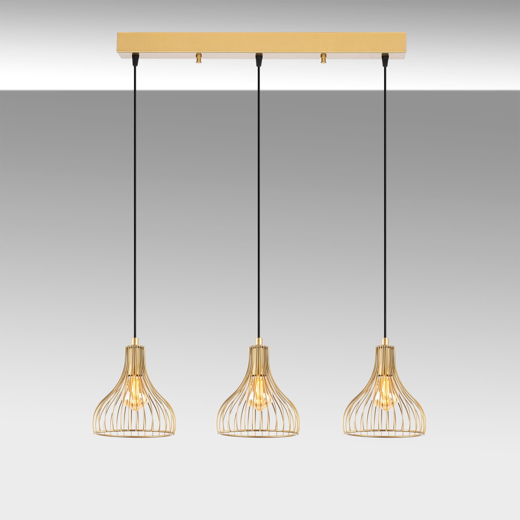 Candeeiro de Teto Dourado Elegante, Corpo em Metal, 70 x 20 x 117 cm | Altura Ajustável, 3 Soquetes E27, Design Moderno e Glamouroso | Perfeito para Salas de Estar e Salas de Jantar