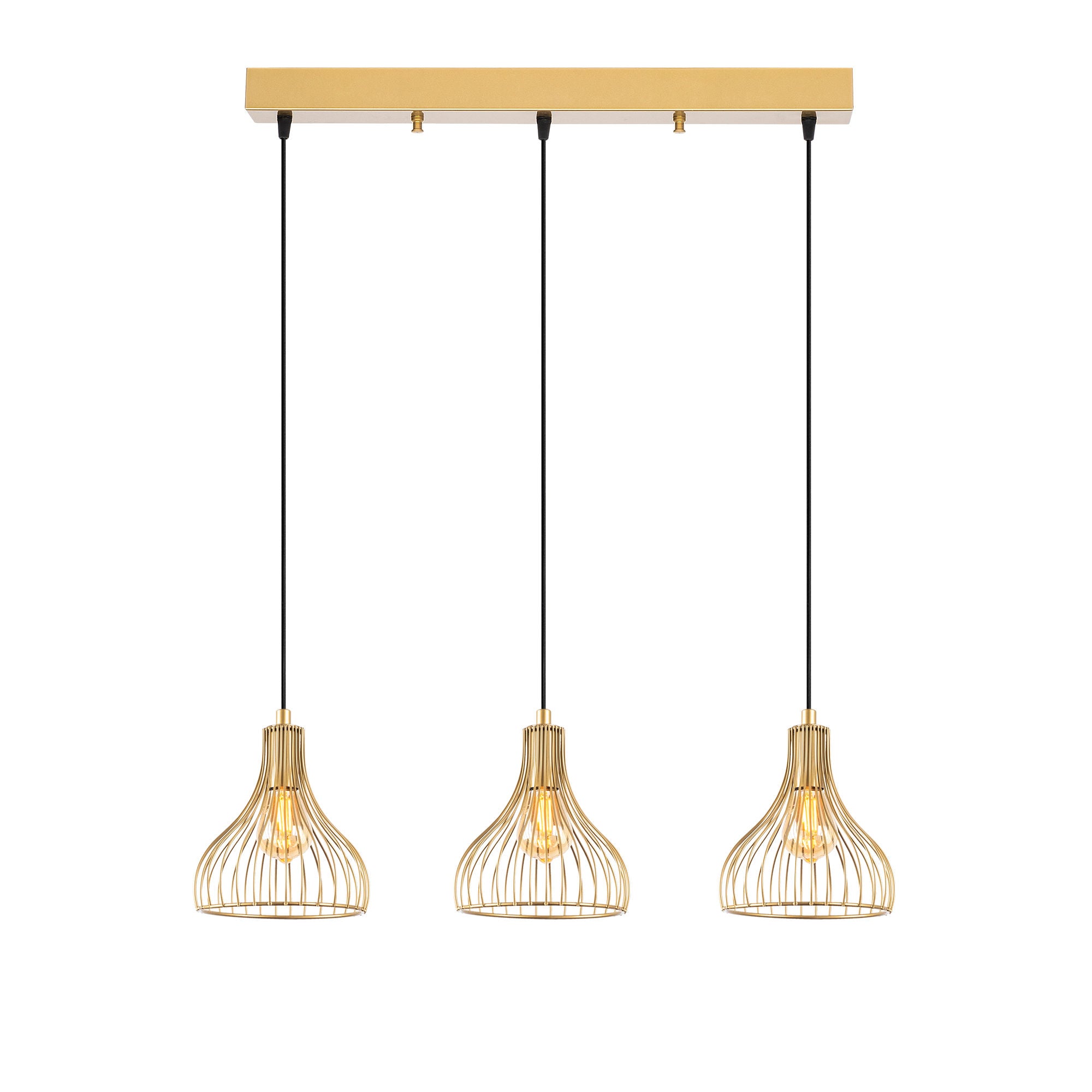 Candeeiro de Teto Dourado Elegante, Corpo em Metal, 70 x 20 x 117 cm | Altura Ajustável, 3 Soquetes E27, Design Moderno e Glamouroso | Perfeito para Salas de Estar e Salas de Jantar